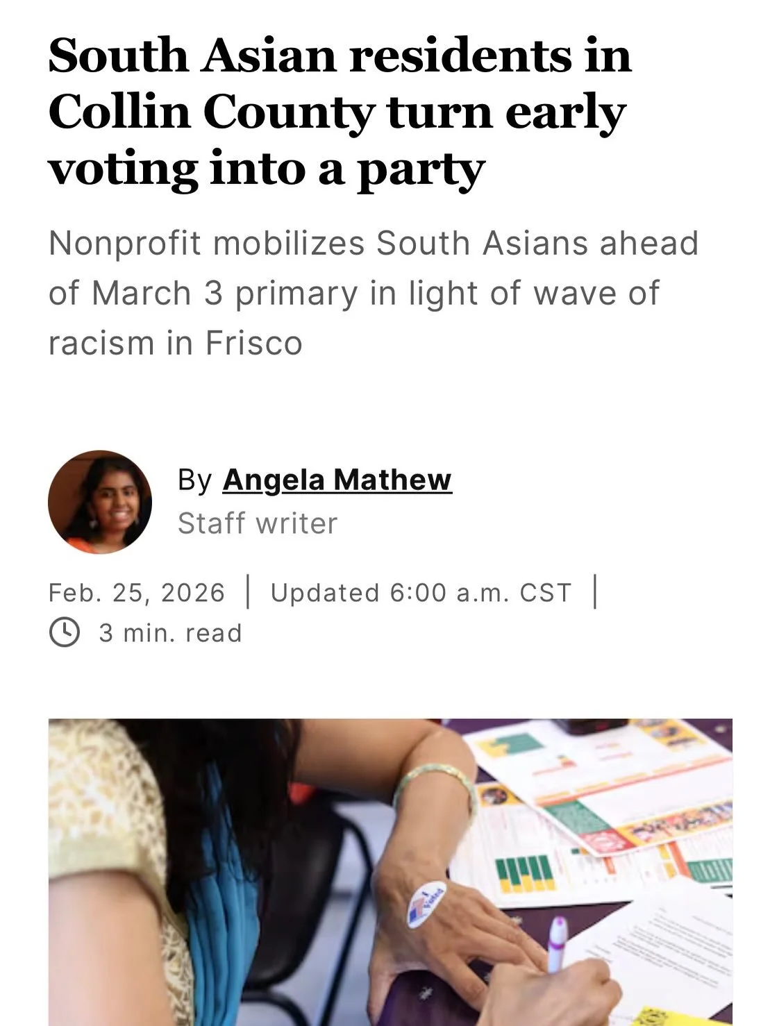 📰 We&rsquo;re proud to see our community featured in The Dallas Morning News highlighting the rising voting power of South Asians in Collin County.

This isn&rsquo;t just a story about early voting.
It&rsquo;s a story about POWER.

South Asians are 