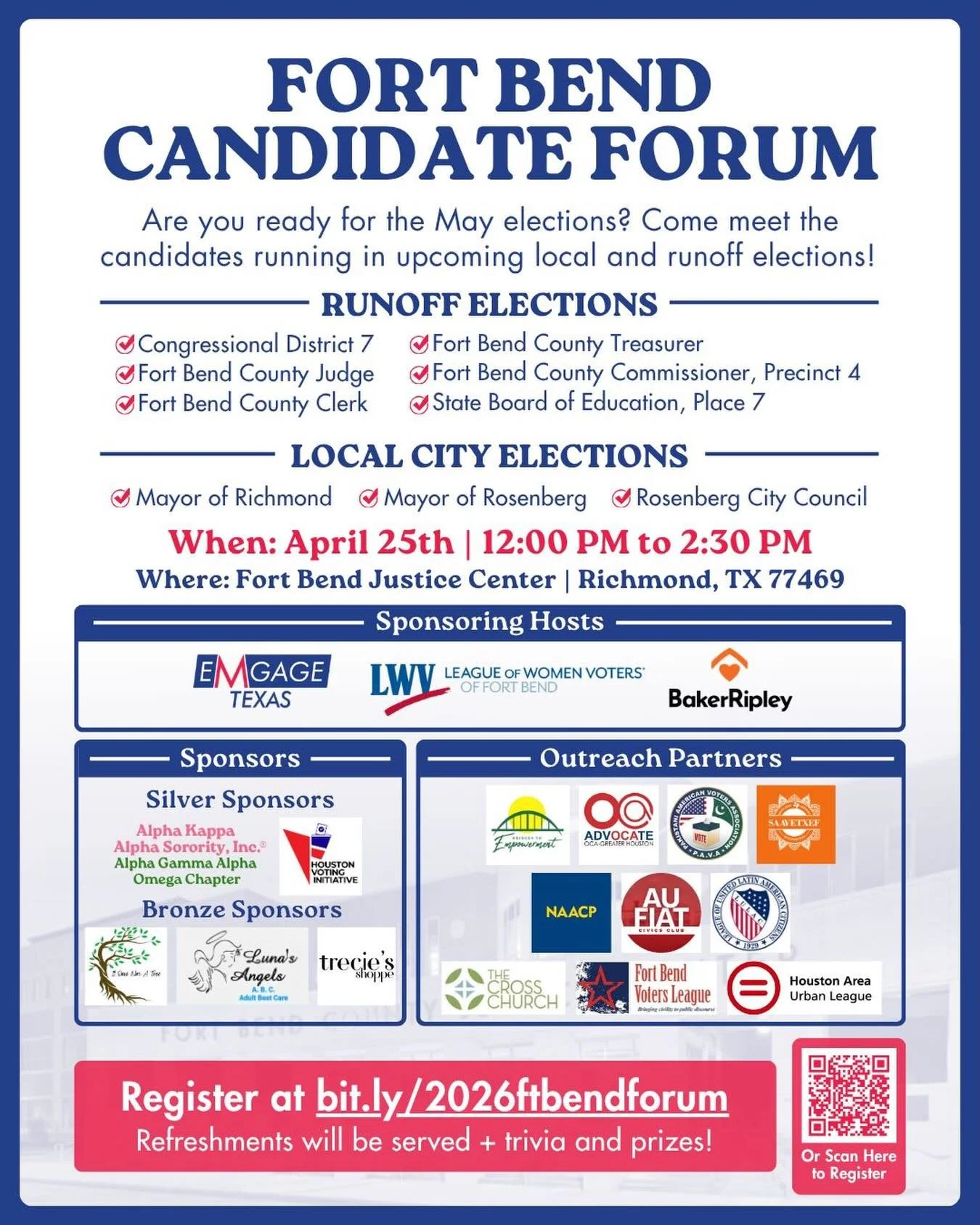 🚨 FORT BEND CANDIDATE FORUM 🚨

Are you ready for the May elections? This is your chance to hear directly from the candidates who will shape the future of Fort Bend County.

Join us for an important community conversation covering:
✅ Congressional D