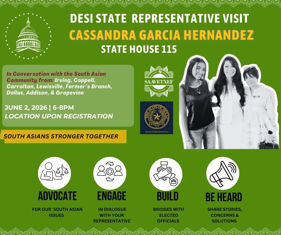 🔥 South Asians Build Bridges with Elected Officials 🔥
In Conversation with State Representative Cassandra Hernandez
📍 Location is Farmers Branch 
🗓 June 2, 2026 | 6&ndash;8 PM
📌 Location shared upon registration
🔗 Register: https://www.mobilize