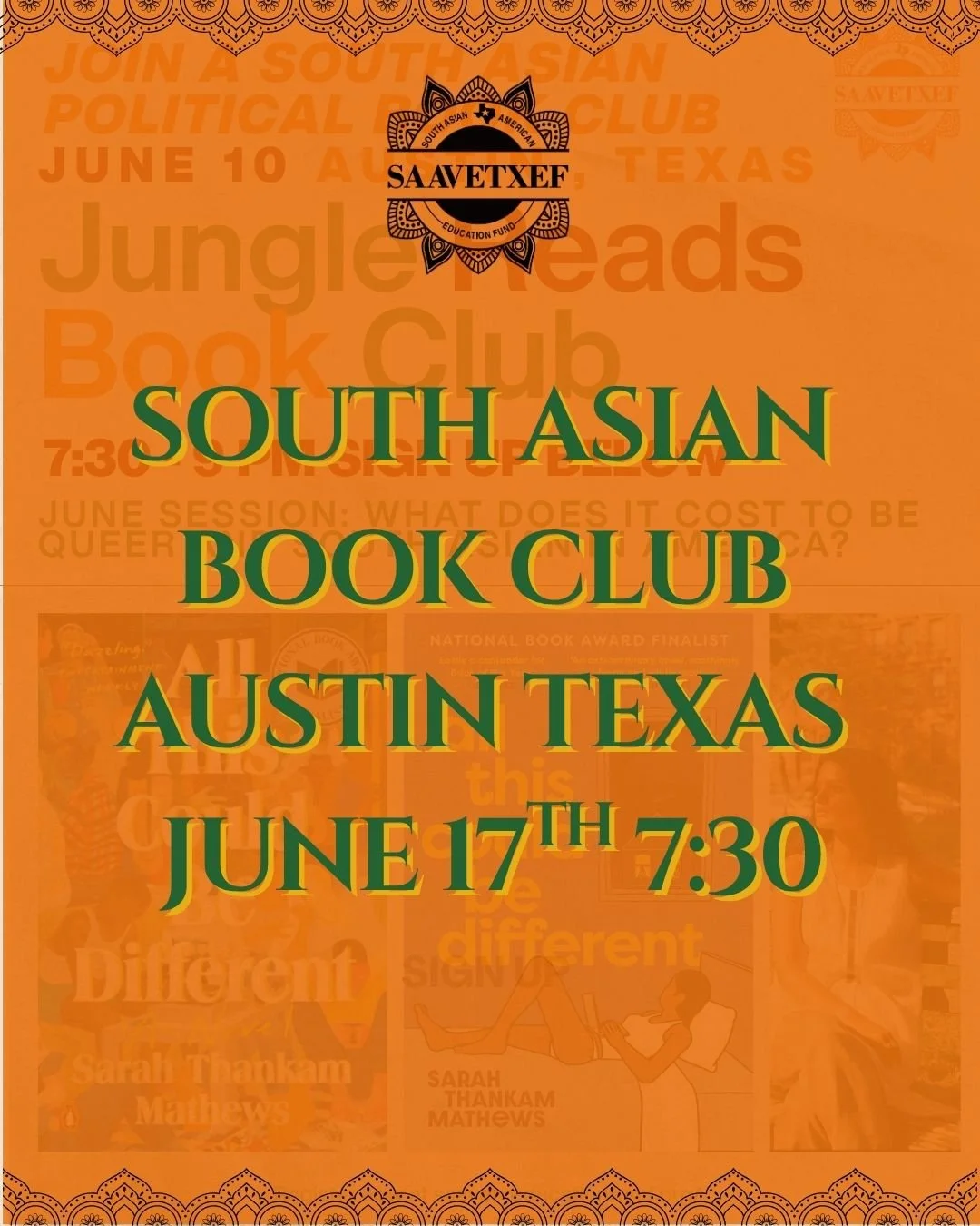 📚✨ We are SO excited to launch SAAVETX EF&rsquo;s first-ever South Asian community book club &mdash; THE JUNGLE READS! ✨📚

sig up here https://www.mobilize.us/saavetxef/event/961937/

🗓️ June 17th - IN-PERSON SESSION 📍 Nasha&rsquo;s

🗓️ June 25t