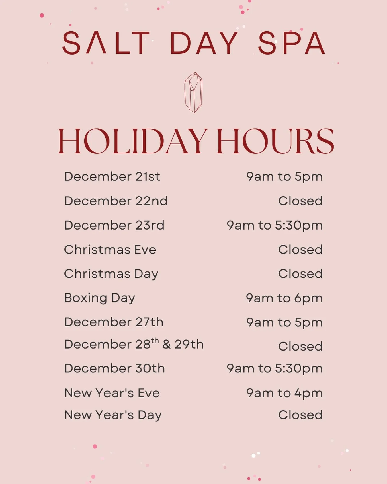 Our holiday hours are here so you can plan your well-deserved downtime (and sneak in those last-minute appointments).
Wishing you a peaceful, cozy season from all of us at Salt✨