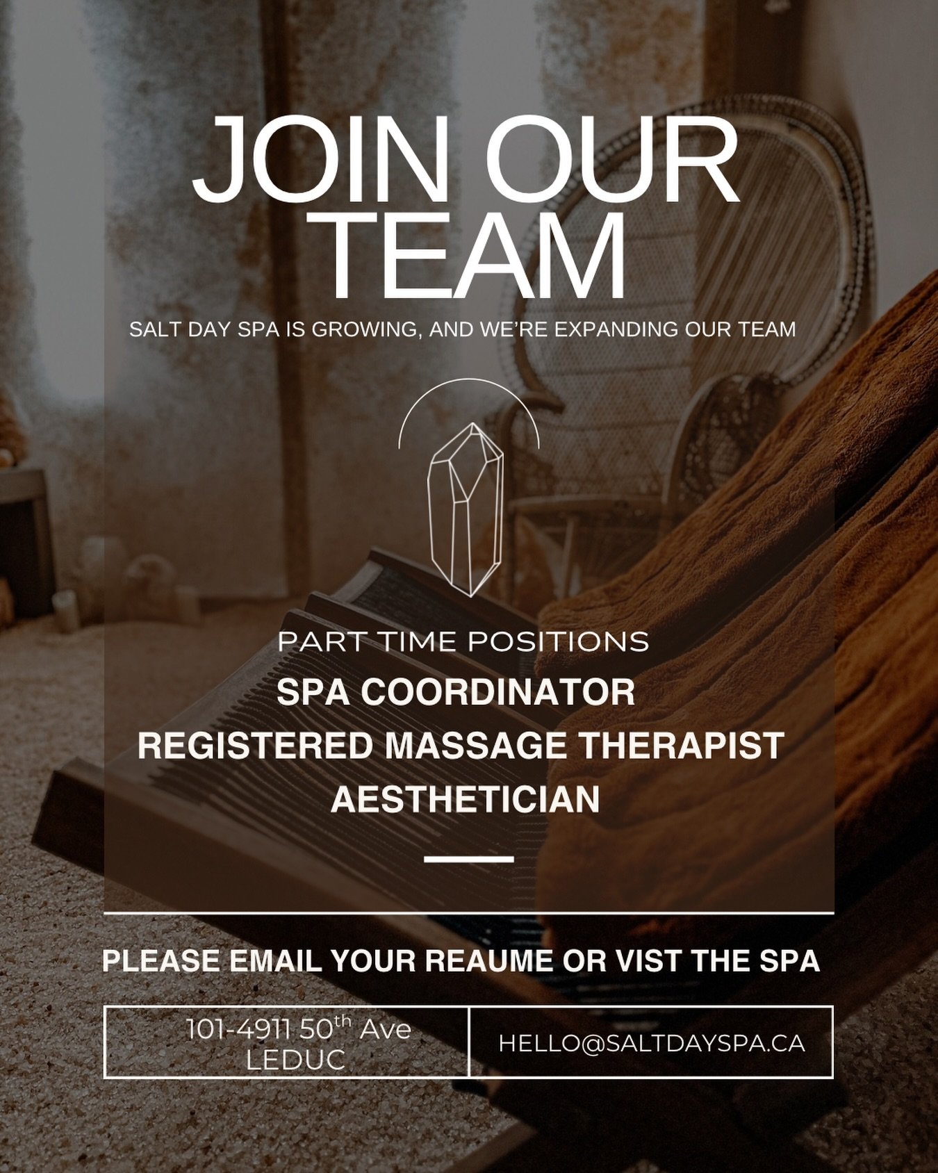 Now Hiring | Part-Time Positions
Salt Day Spa is a busy, luxury spa in Leduc, Alberta, and we are expanding our team to meet growing demand.

We are currently seeking qualified candidates for the following part-time roles:
&bull; Spa Coordinator
&bul