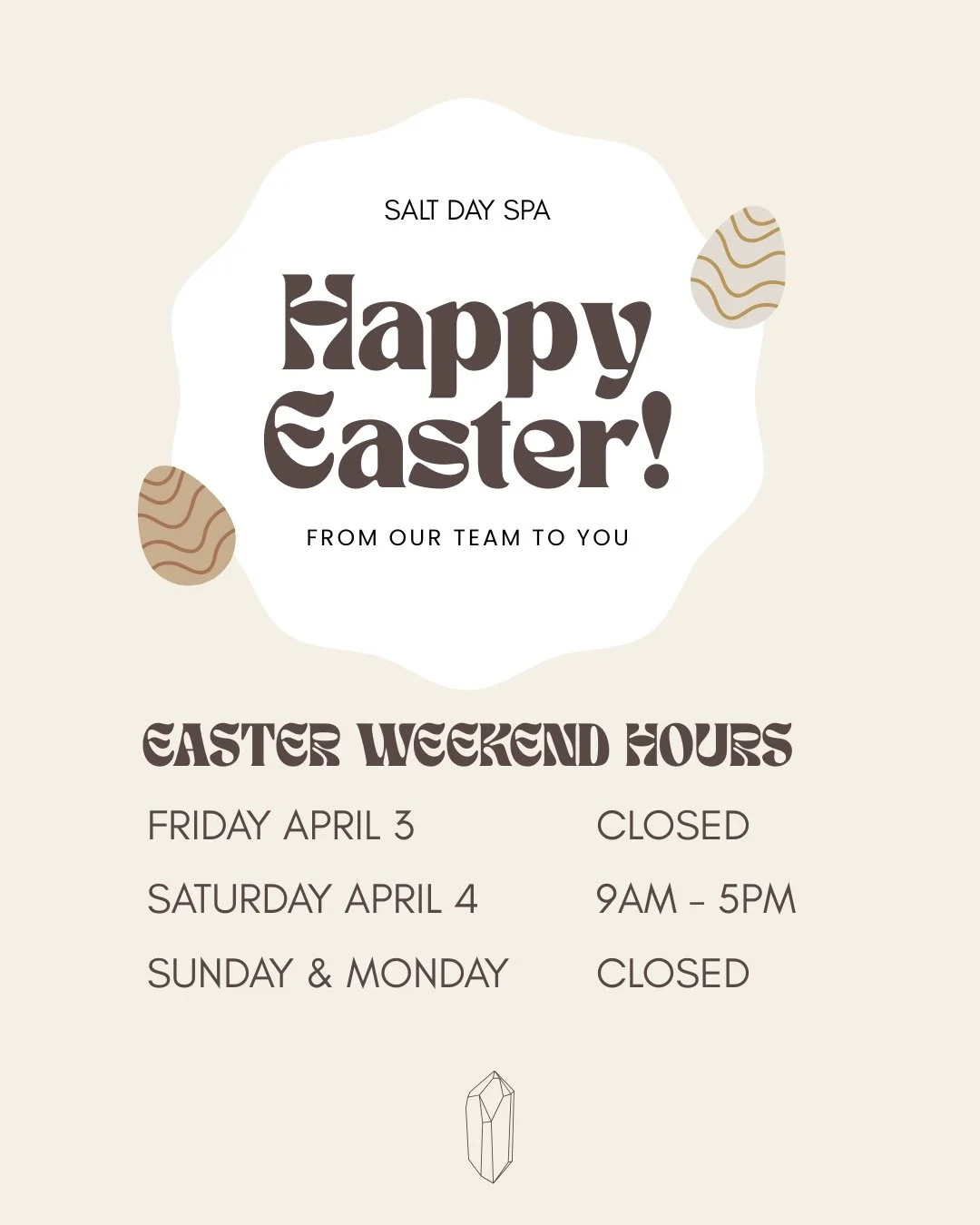 A little Easter pause before we hop back into it!
Here are our holiday hours so you can plan your self-care accordingly ✨
Wishing you a beautiful weekend filled with rest, treats, and time with the ones you love🤍
