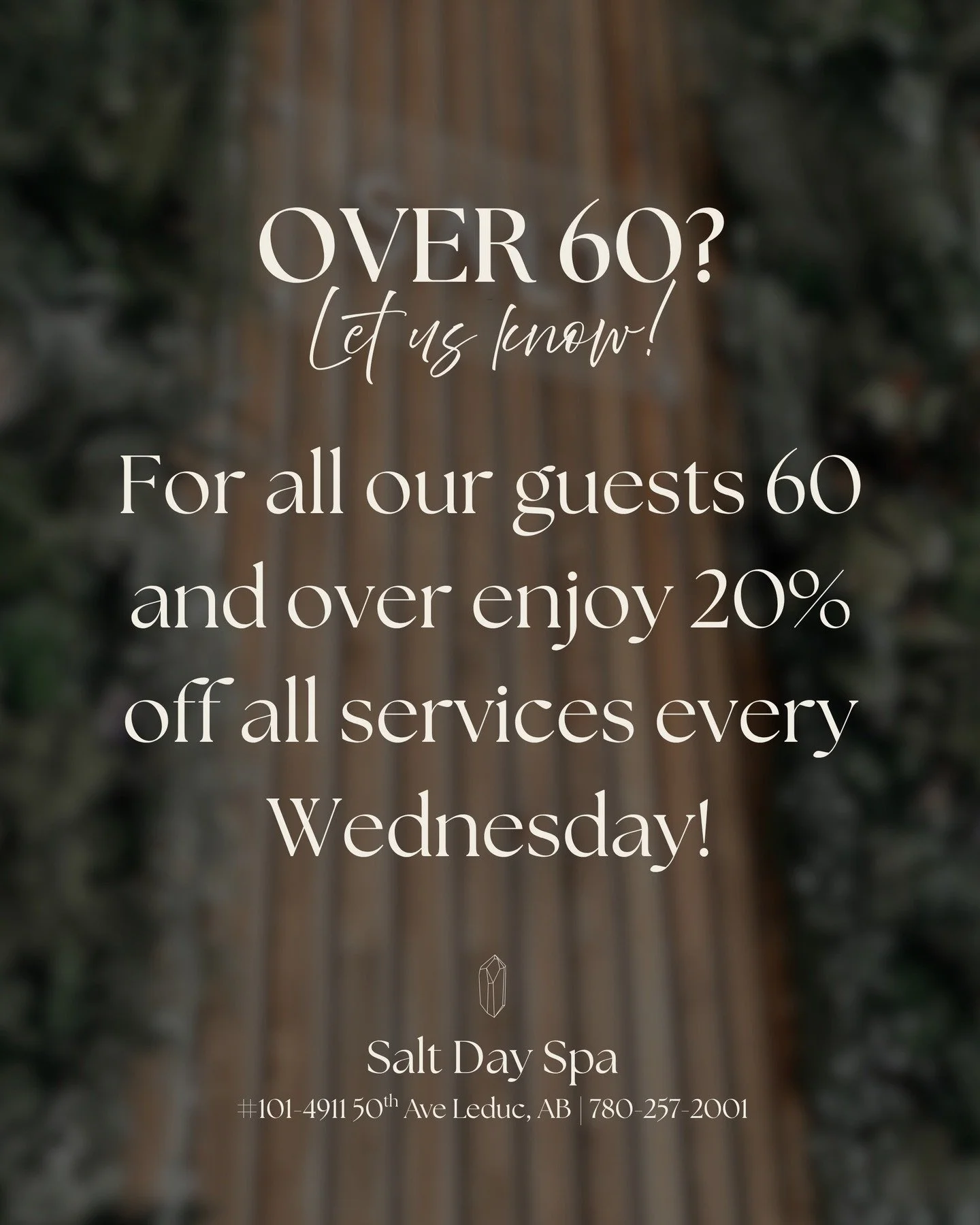 Wednesdays just got better!

We&rsquo;re offering 20% off all services for our guests 60+ every Wednesday.

Whether it&rsquo;s a facial, massage, hair service, or a full spa day&hellip; this is your time to slow down and take care of yourself.

Call 
