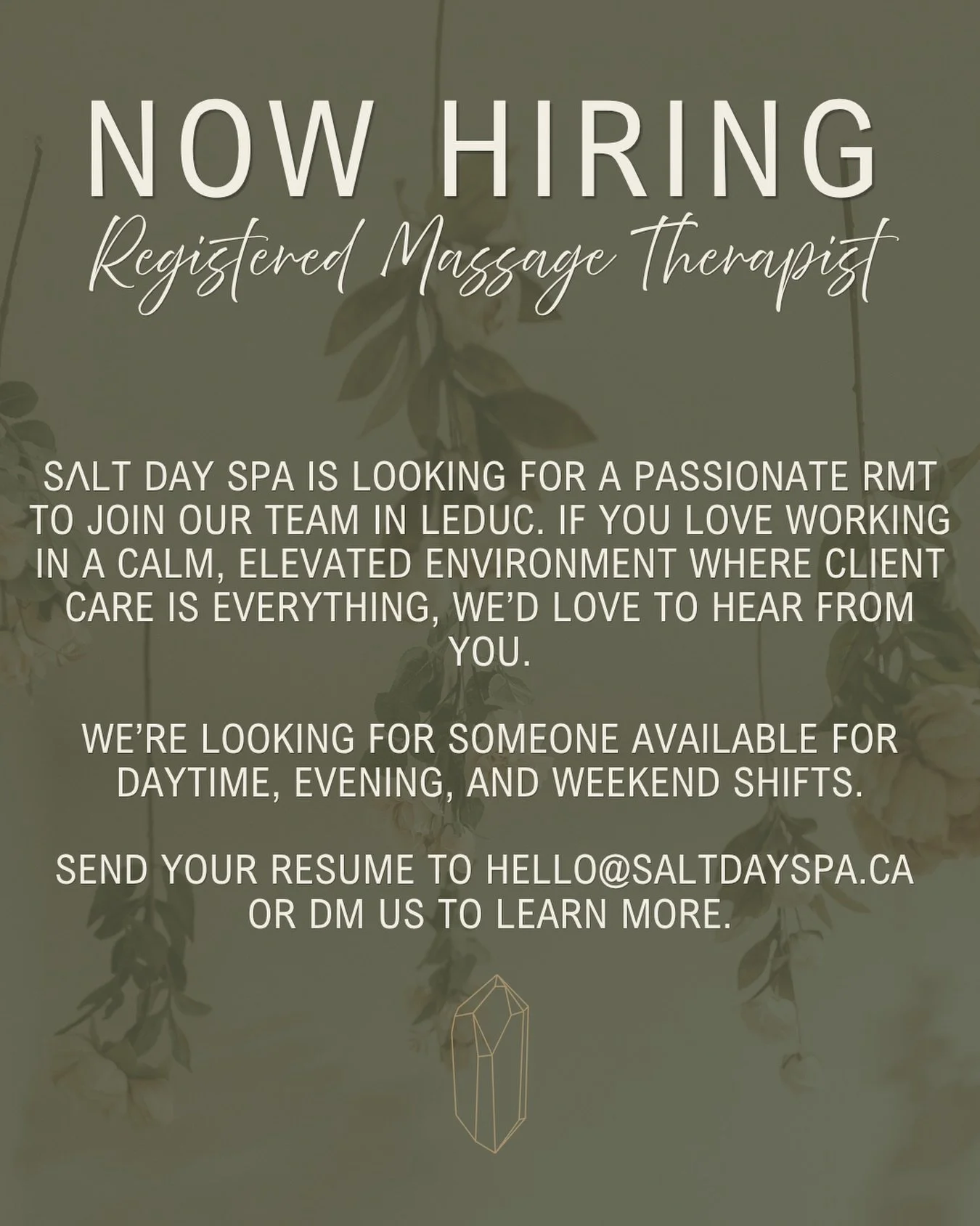 NOW HIRING &bull; REGISTERED MASSAGE THERAPIST 🌿 

Salt Day Spa is growing, and we are looking to welcome a Registered Massage Therapist to our team.
We are searching for someone who genuinely loves caring for people, values connection, is a strong 