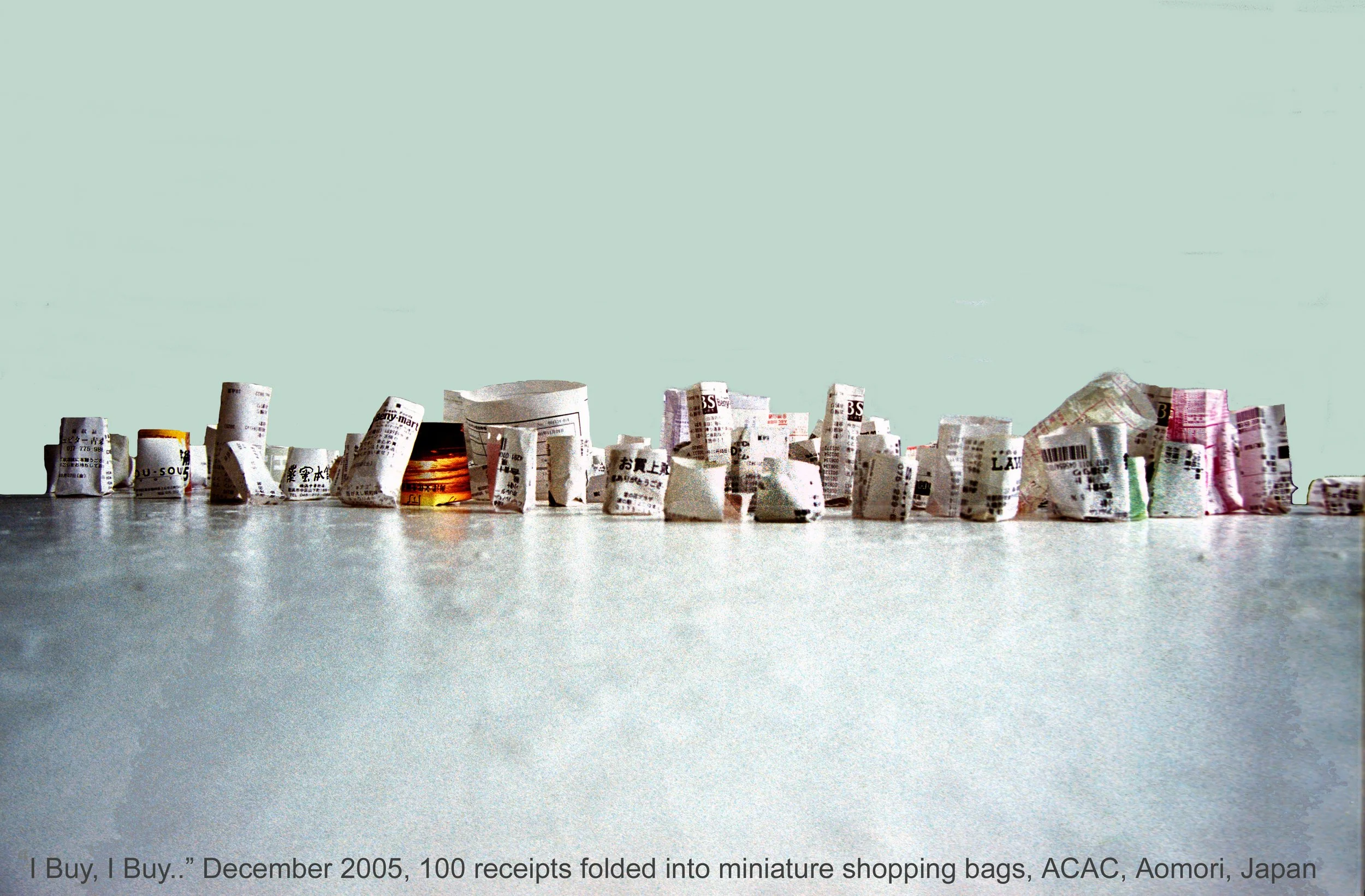 Folded receipts mimic a cityscape of consumerism: Atlantic Center Artist Residency, Florida: 3 months
