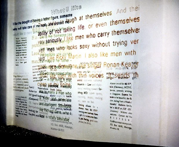 Ads for arranged marriages: Rush Arts Gallery, Chelsea, NYC, Text Installation