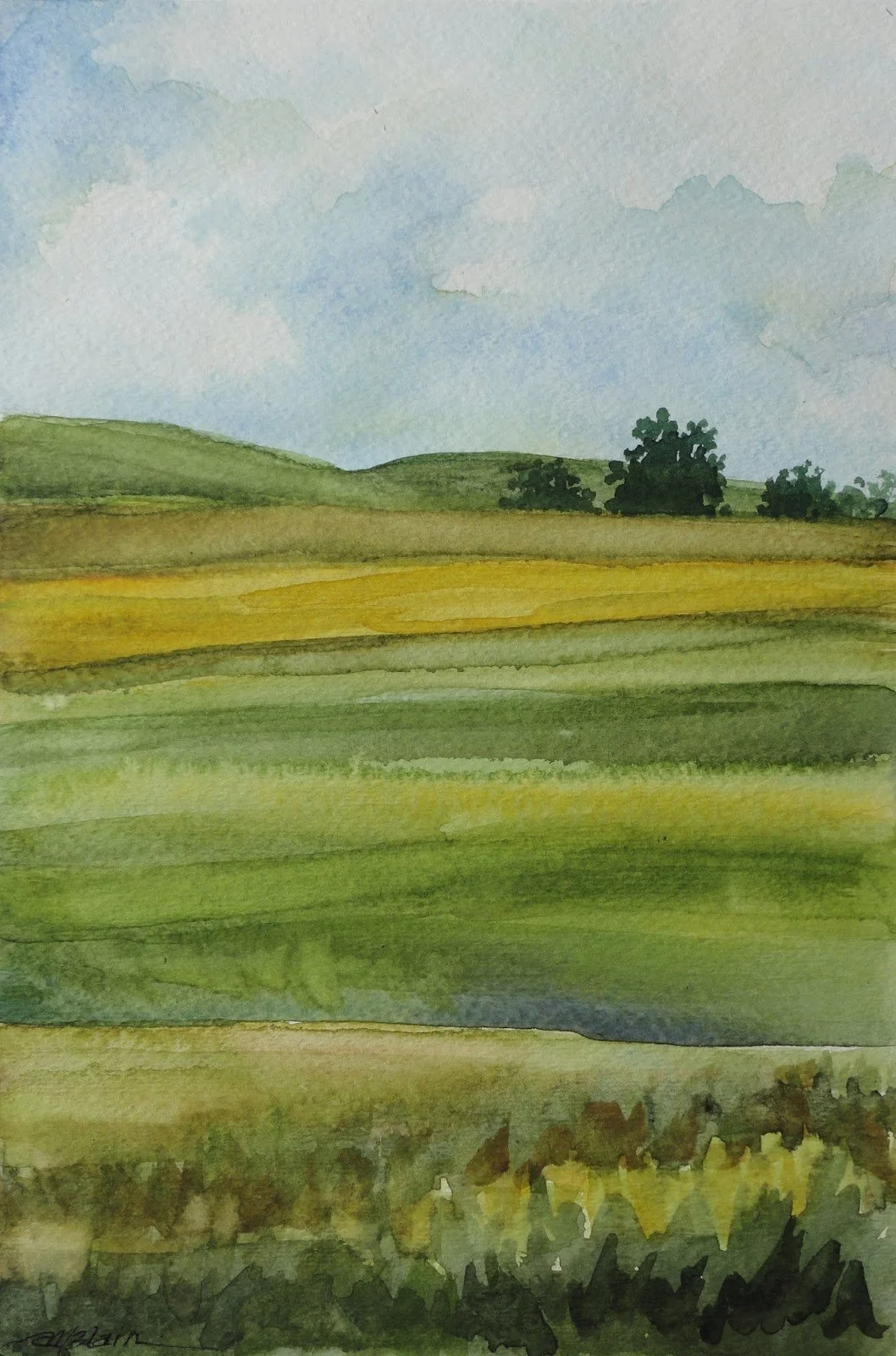 Fields, watercolor, 10x7"