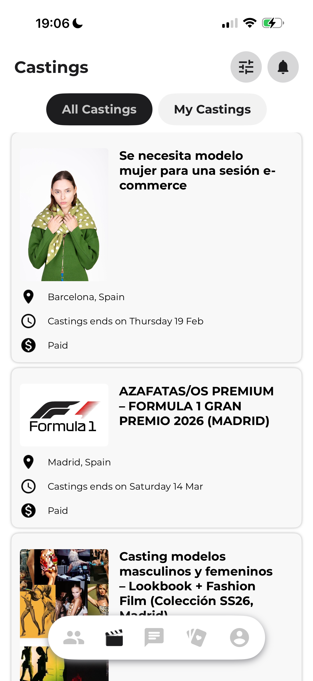 Esta es la página principal de los últimos castings de la plataforma. Hay agencias y empresas muy conocidas, y trabajos tanto de colaboración como pagados, presenciales y online.