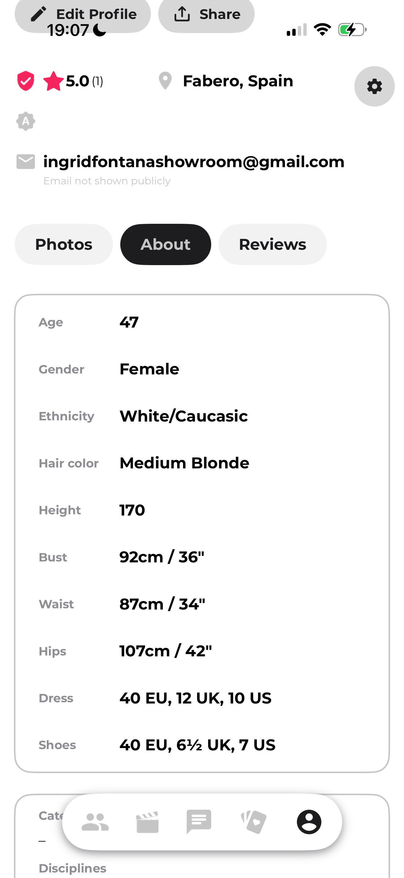 Tienes una página con tu ficha de medidas y tallas, para que las marcas vean rápido si encajas en sus necesidades de campaña.