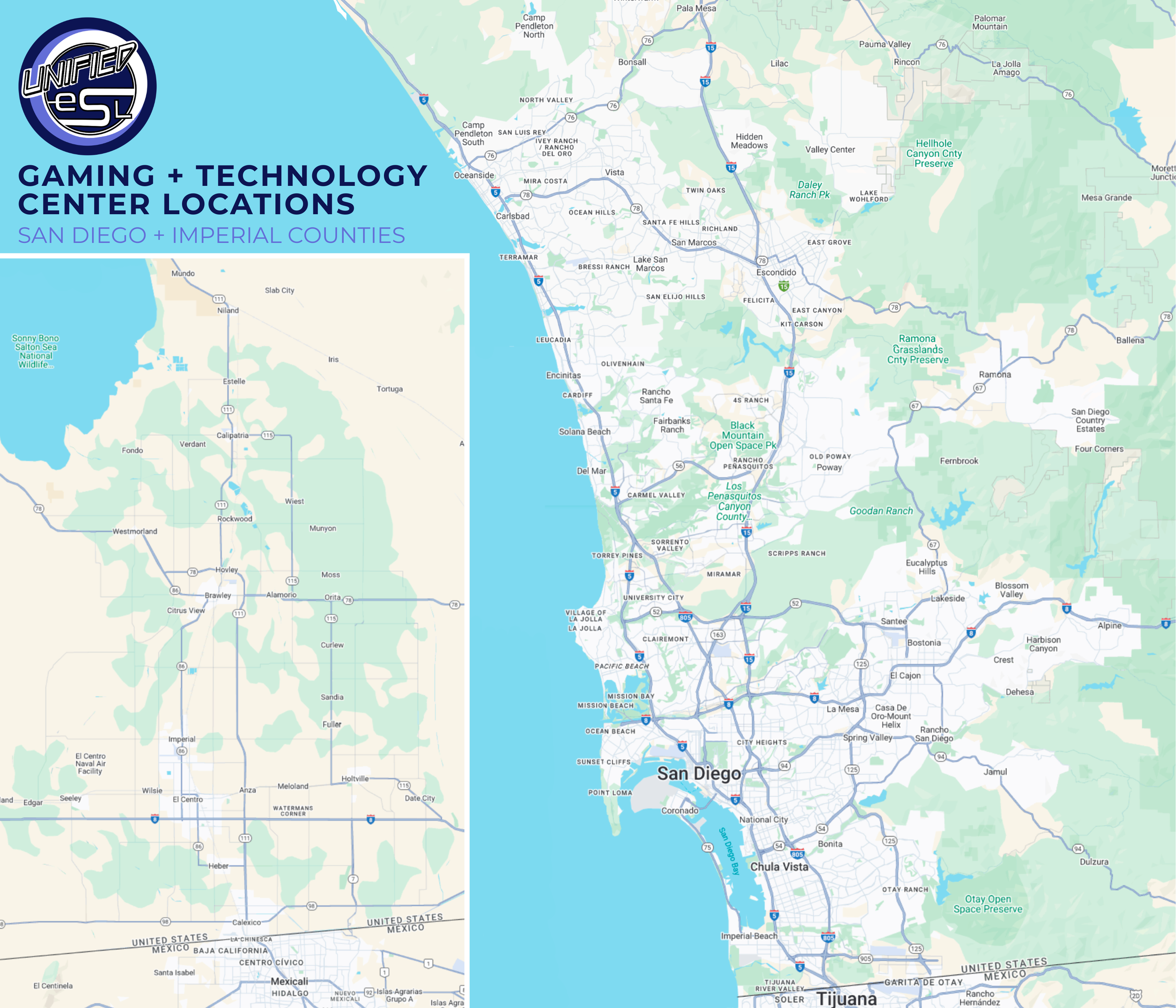 Map of UNIFIED Esports League Technology Centers