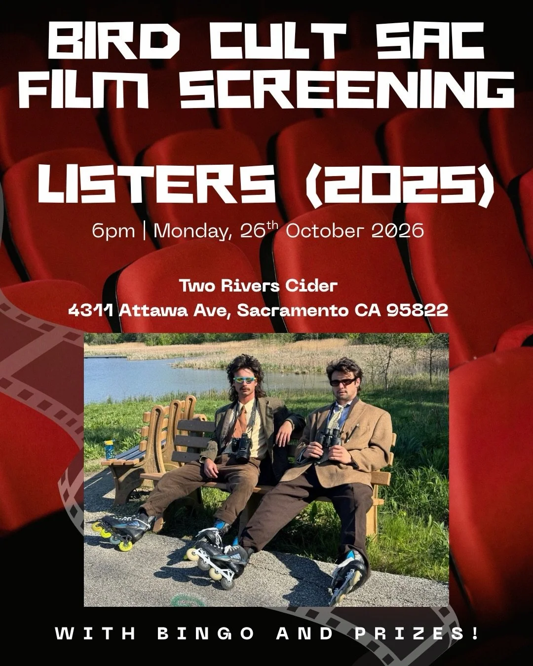 We are back with our friends at @tworiverscider for a FREE screening of Listers (2025) along with Bird Bingo and (small) halloween crow prizes! 🐦&zwj;⬛🍎🍏

Monday, October 26, 2026 from 6pm - 8pm

Two Rivers Cider
4311 Attawa Ave, Sacramento CA

👀