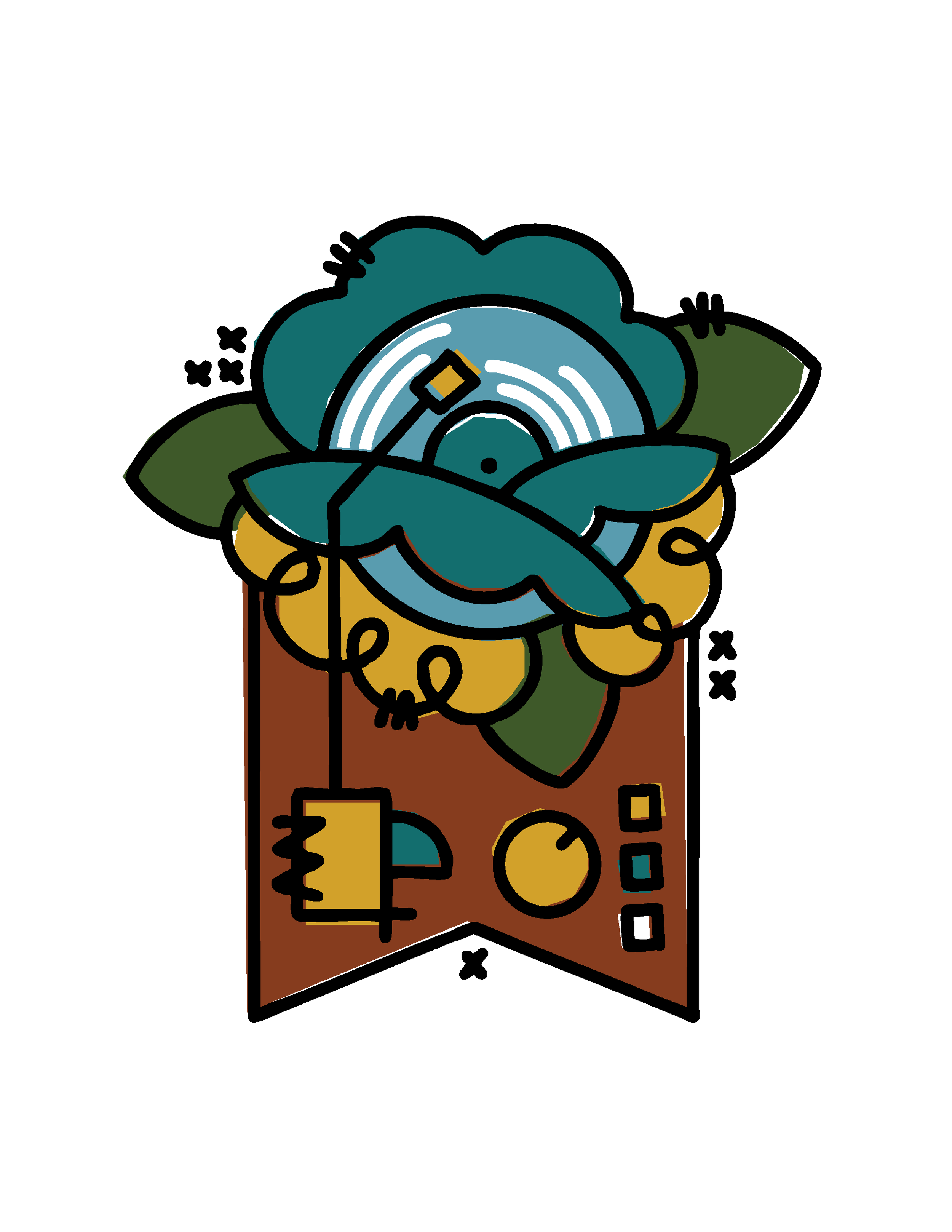 A stylized illustration of a gift box with a large blue bow and various decorative elements like circles, squares, and crosses in a cartoonish style.