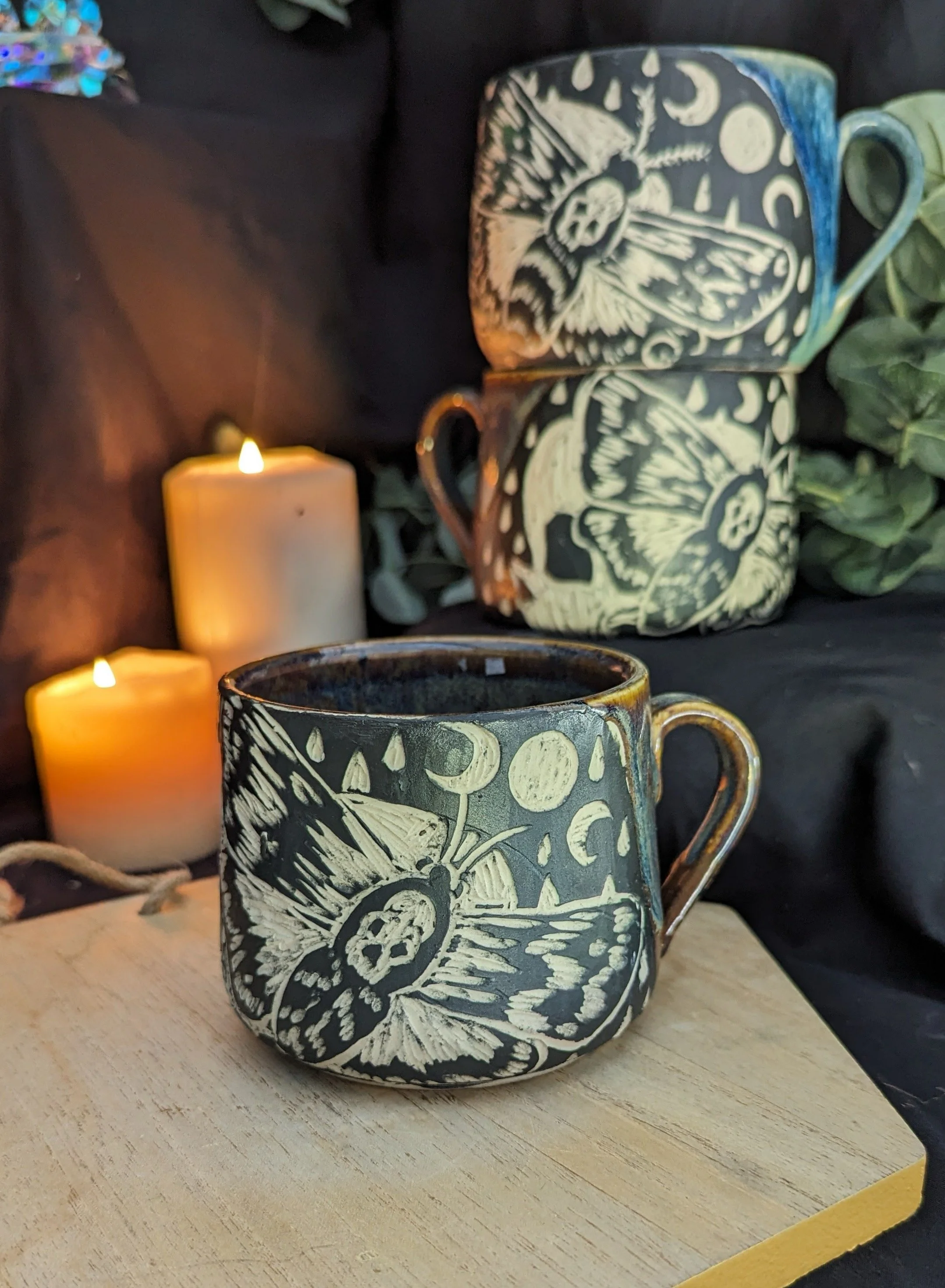 Handmade Ceramic Skull and deathmoth Mug | Blue and green available