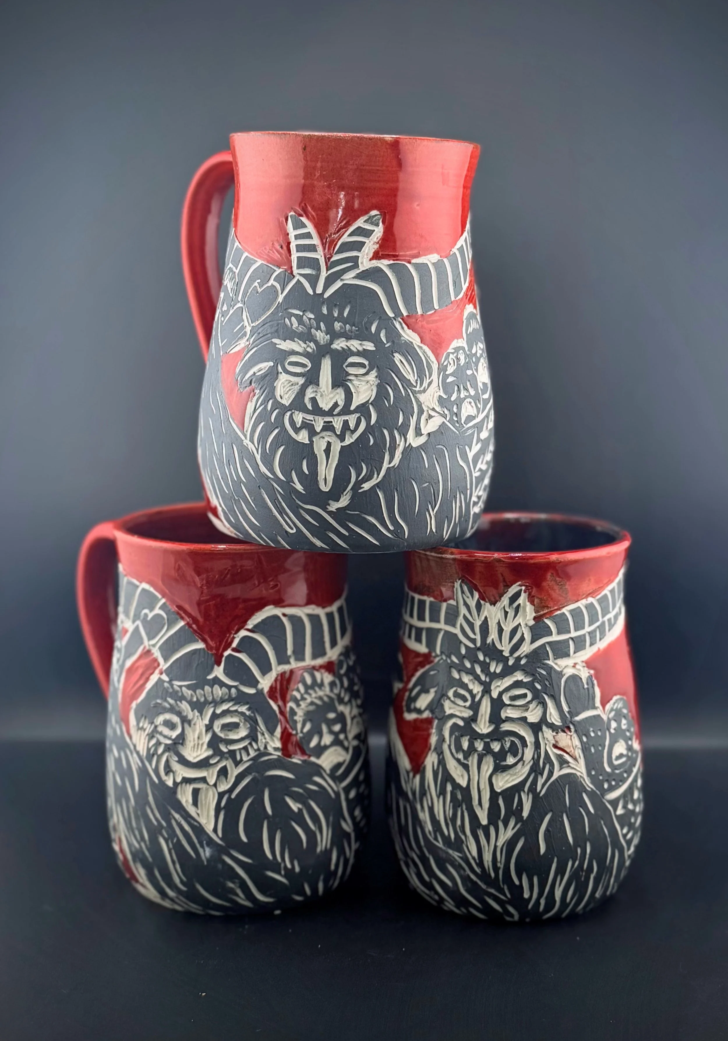 Handmade Red Sgraffito Krampus mug