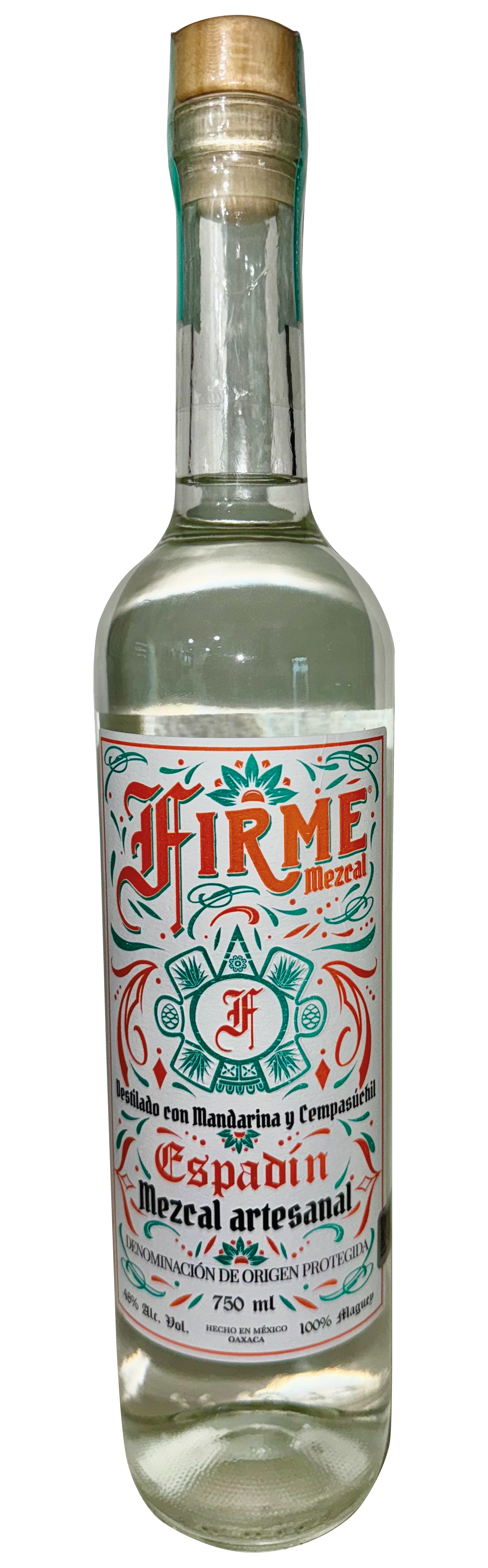 Two black bottles of Firme Mezcal with colorful labels featuring turquoise, orange, and white designs, including a sunburst, geometric patterns, and text mentioning mezcal, artesanal, and origin.