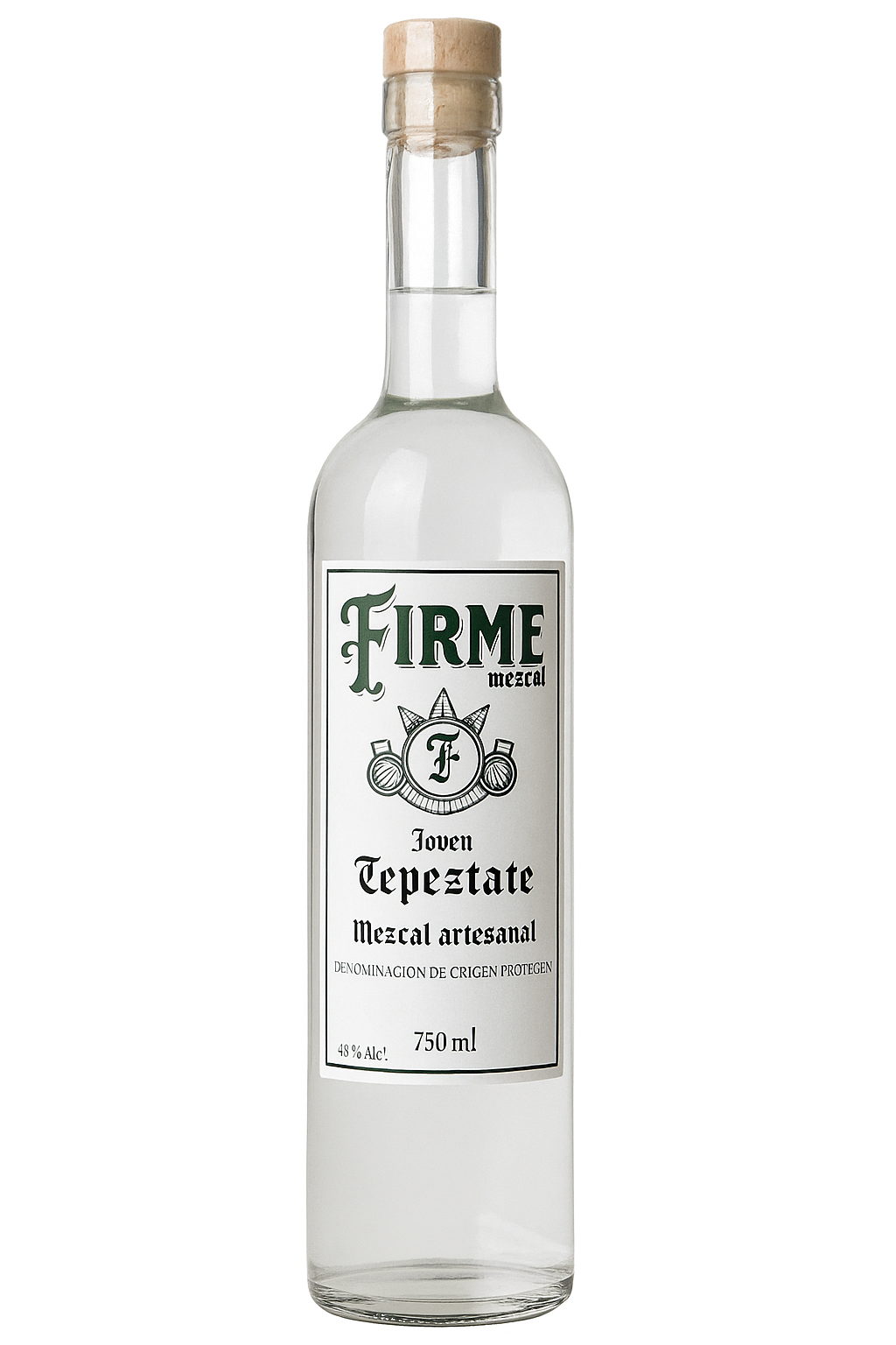 Clear glass bottle of Firme Mezcal, with a blue and black label, standing against a white background.