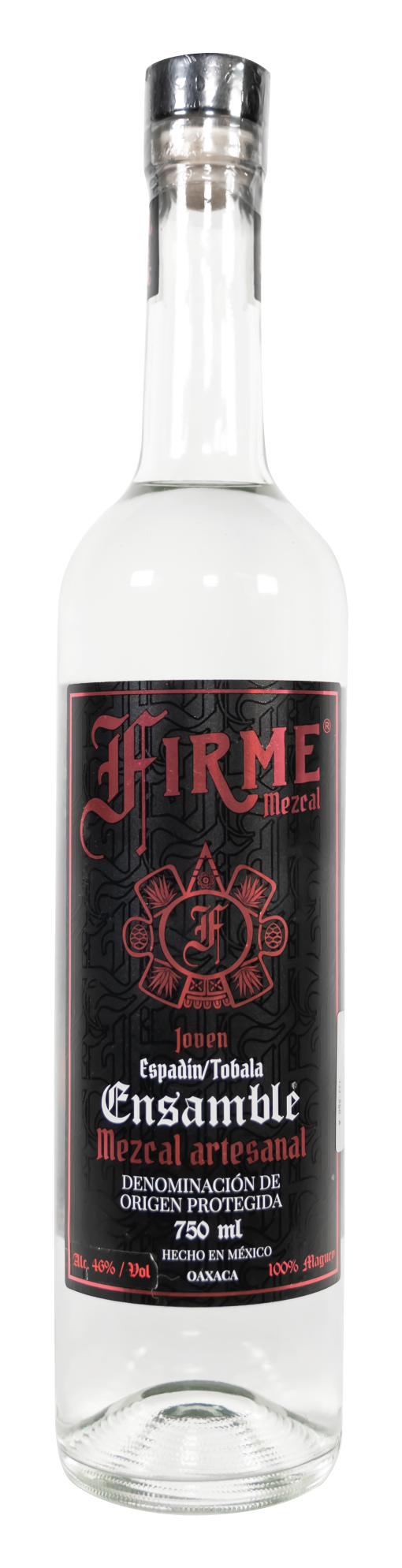 A glass bottle labeled 'Firme Mezcal' surrounded by green agave plants and a small wooden bowl with the same 'Firme' logo.