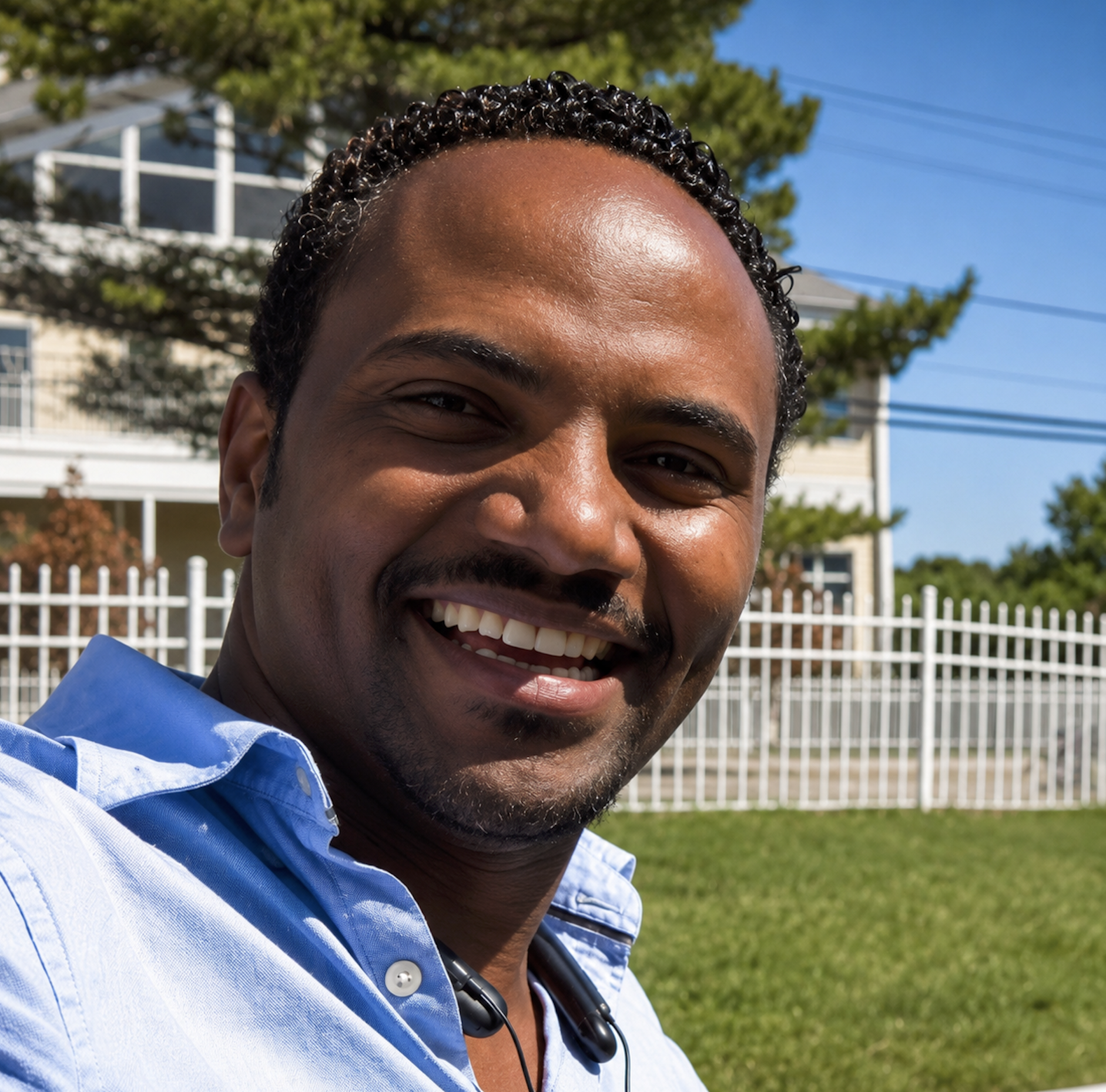 A man smiling outdoors with a blue shirt, green grass, trees, white fence, and buildings in the background.