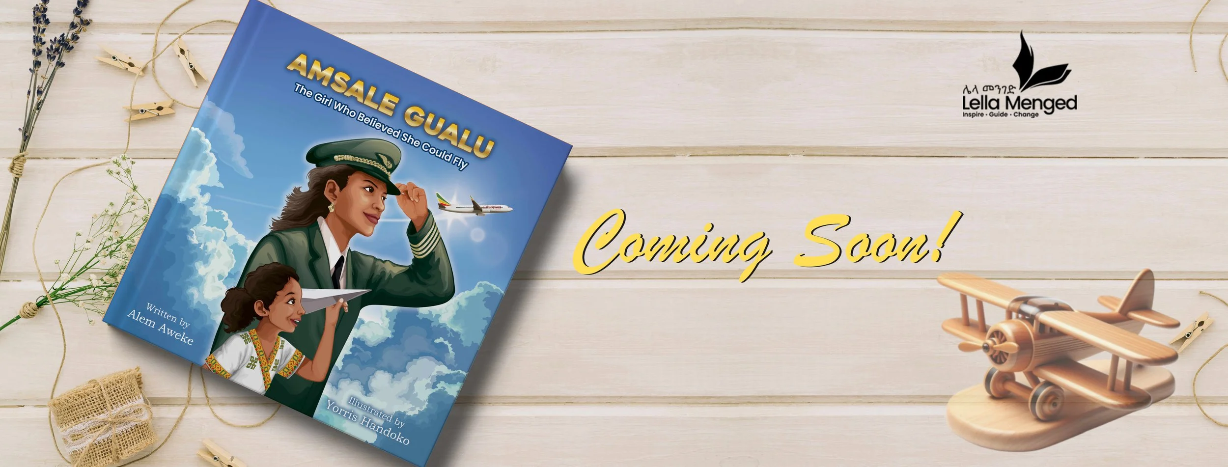 Book cover titled "Amsale Gualu" by Aem Awelke featuring a flight captain and a little girl standing.