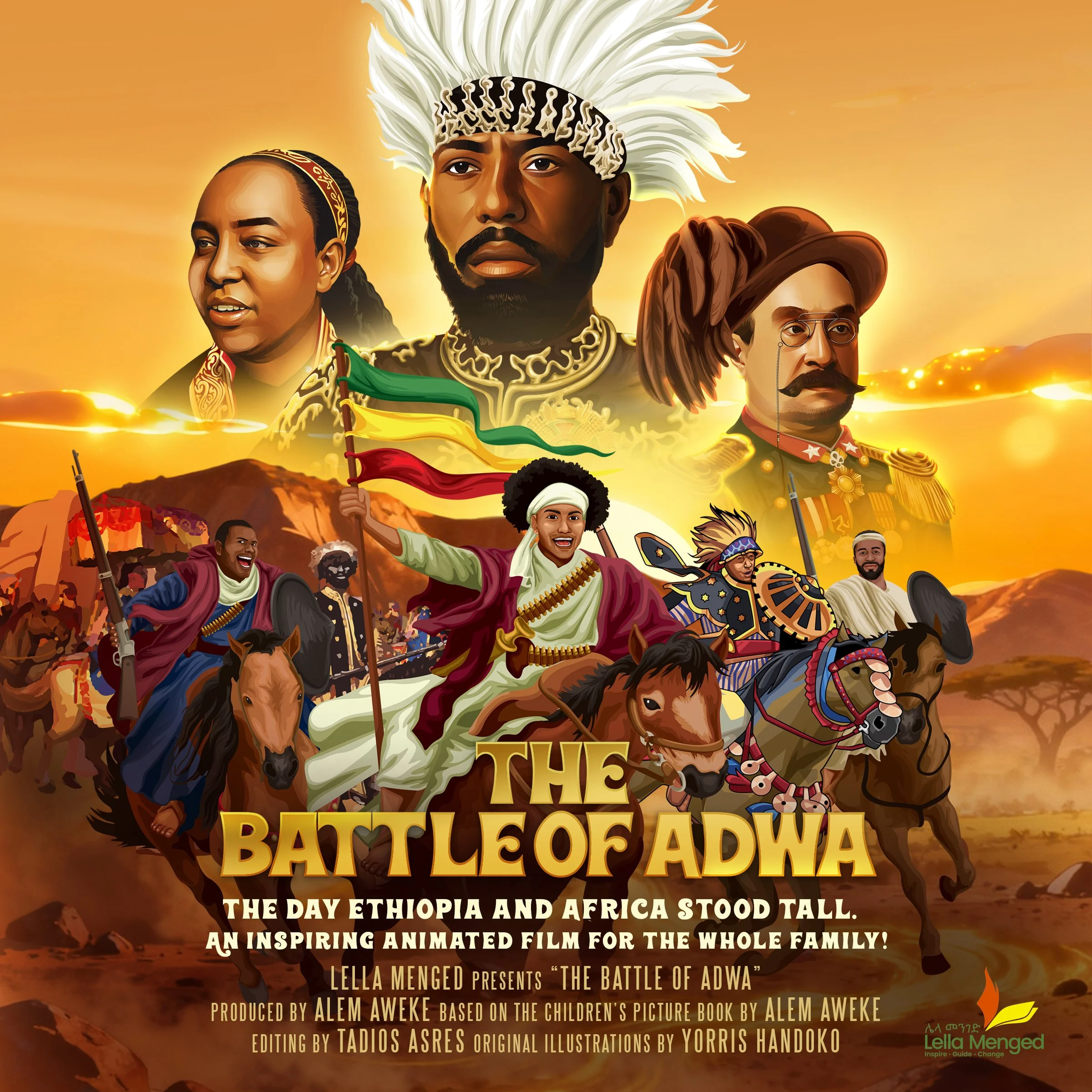 Colorful animated poster for 'The Battle of Adwa' depicting historical Ethiopian warriors, leaders on horseback, and a desert landscape with mountains, emphasizing Ethiopian victory and unity.