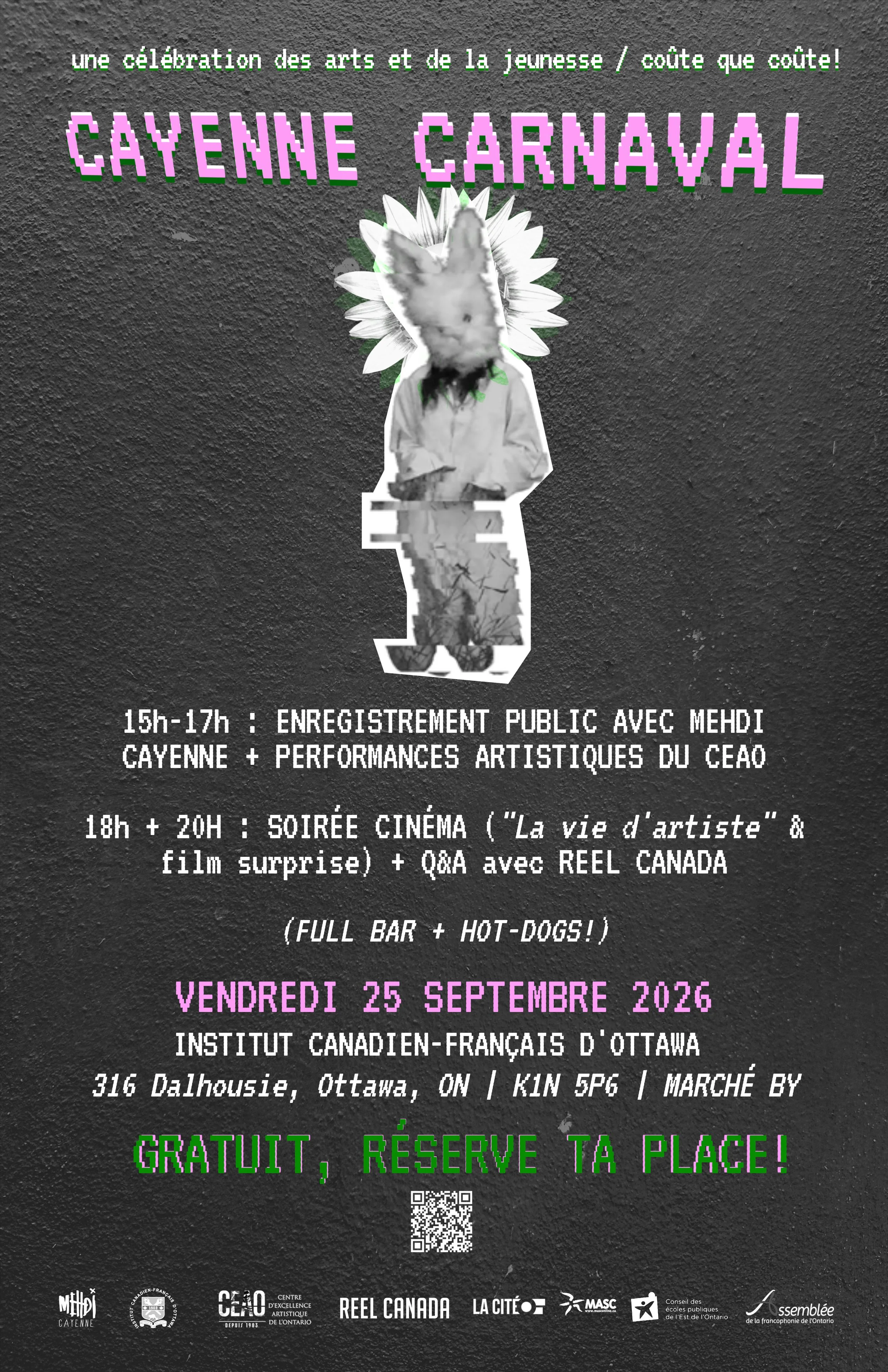 Promotional poster for Cayenne Carnaval at ICFO on Friday, September 25, 2026. Featuring Mehdi Cayenne, live arts workshops, student performances, and the movie premiere of La vie d'artiste with REEL Canada. 100% free with registration.