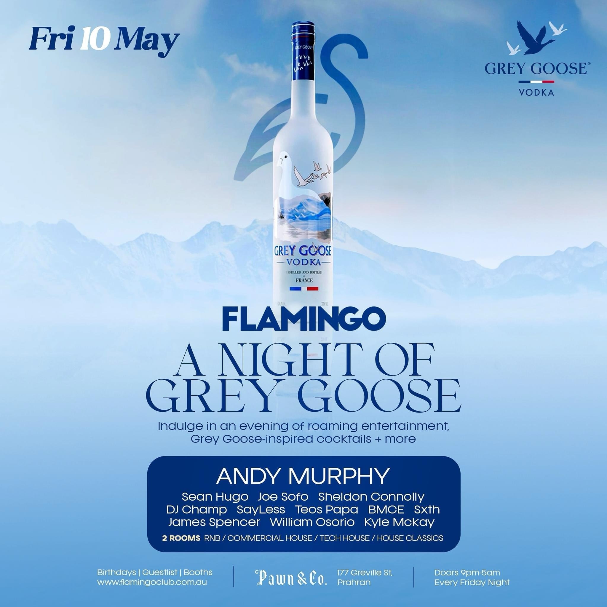 This Friday, Flamingo &amp; Grey Goose are excited to bring you: A NIGHT OF GREY GOOSE! 🍸🔥
Indulge yourself in an evening of roaming entertainment, Grey Goose-inspired cocktails, and more surprises! 

Feat Andy Murphy + some of Melbourne&rsquo;s be