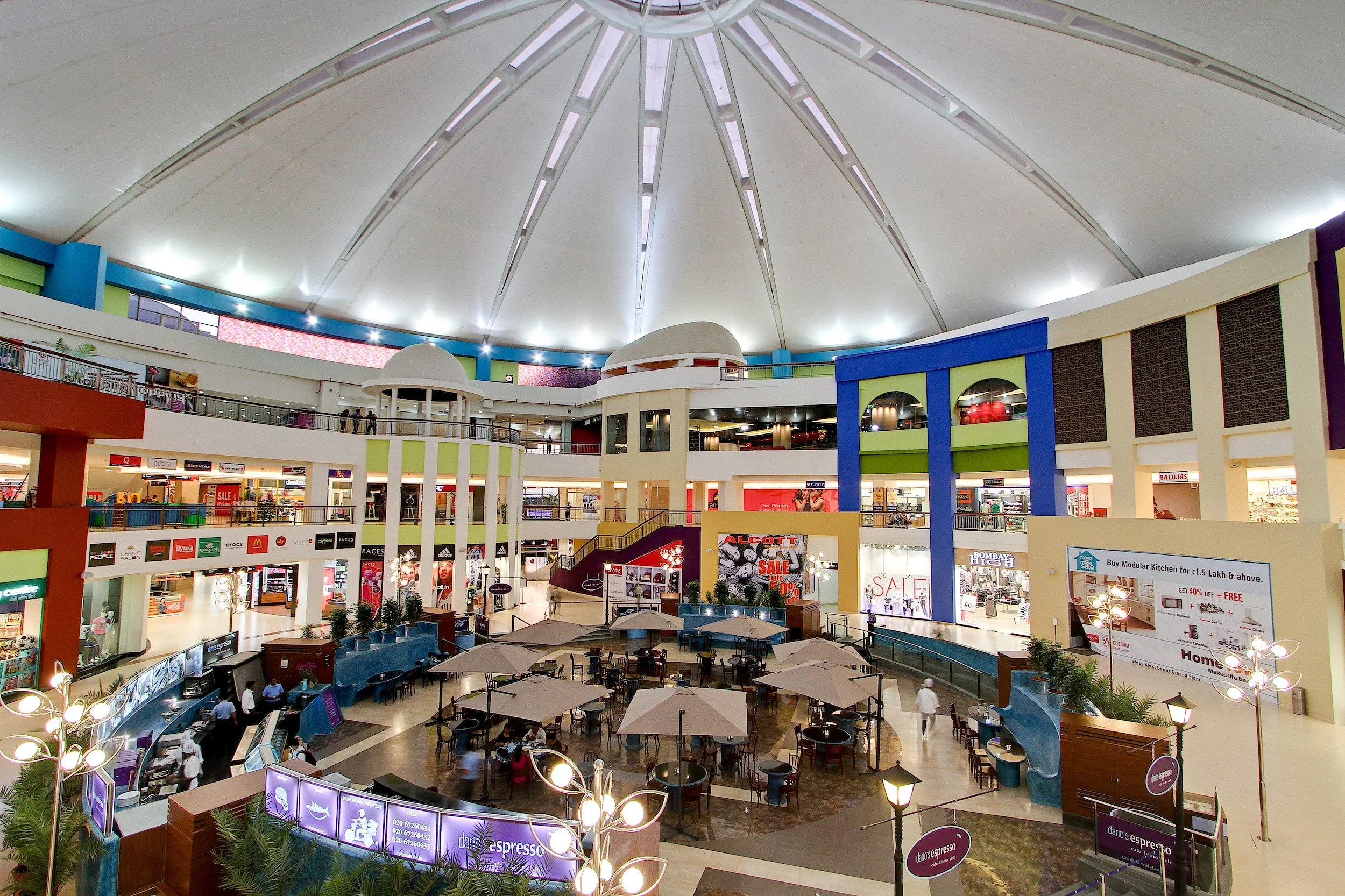 The cafe court on the multiplex floor, under the dome