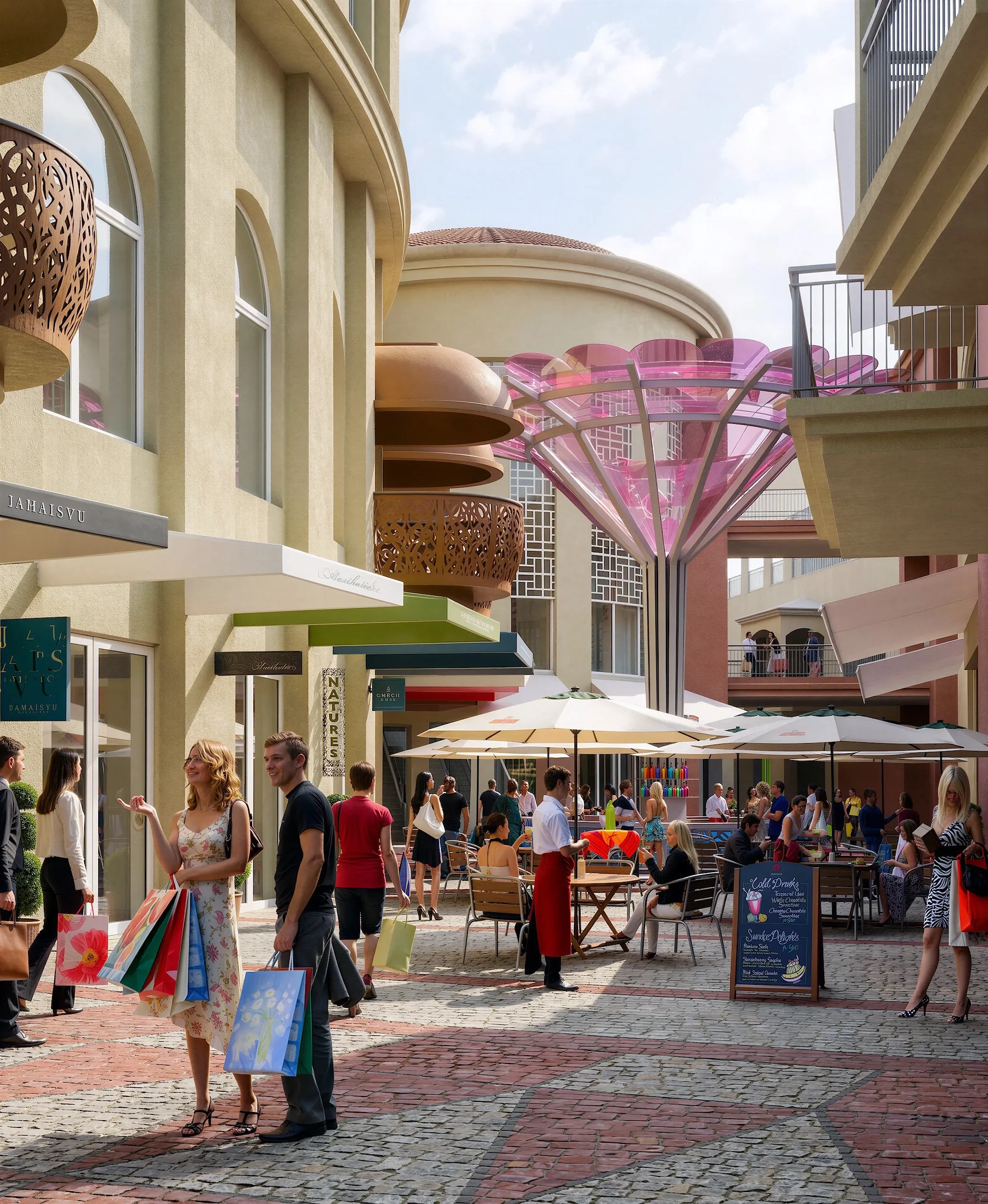 The open-air retail street, shaded and paved, alongside the mall