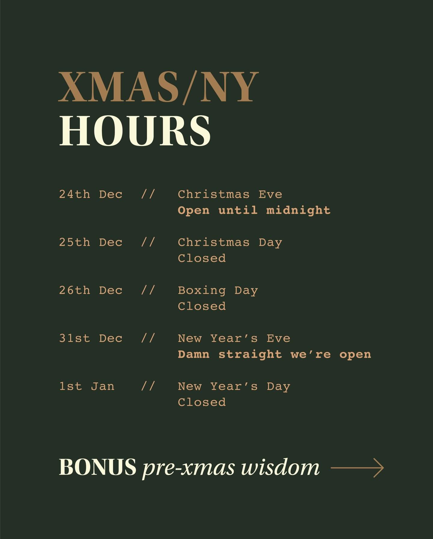 // upcoming hours and an important message in the lead up to Xmas.
To the bar.
.
.
.
.
.
#xmas #nzxmas #xmasauckland #cocktails #nyeauckland #ponsonby #ponsonbybar #ponsonbyroad #aucklandbars