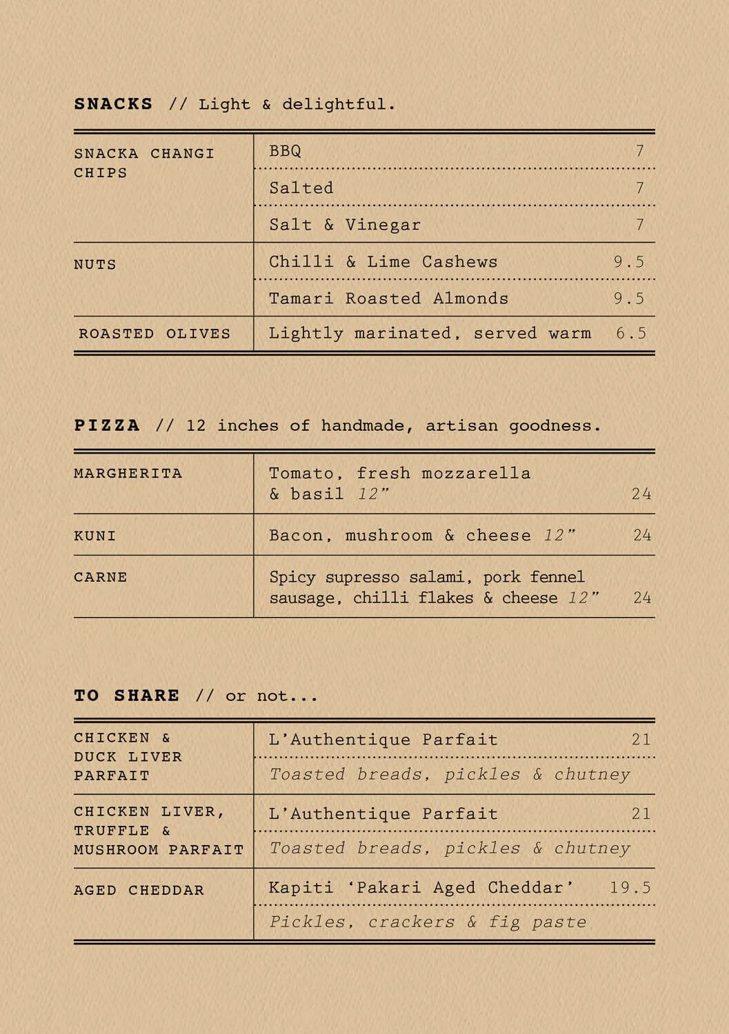 Lime bar food menu including snacks, pizza, parfait and cheeses
