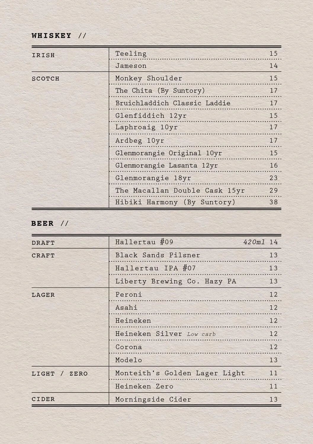 Lime Bar whisky and beer menu