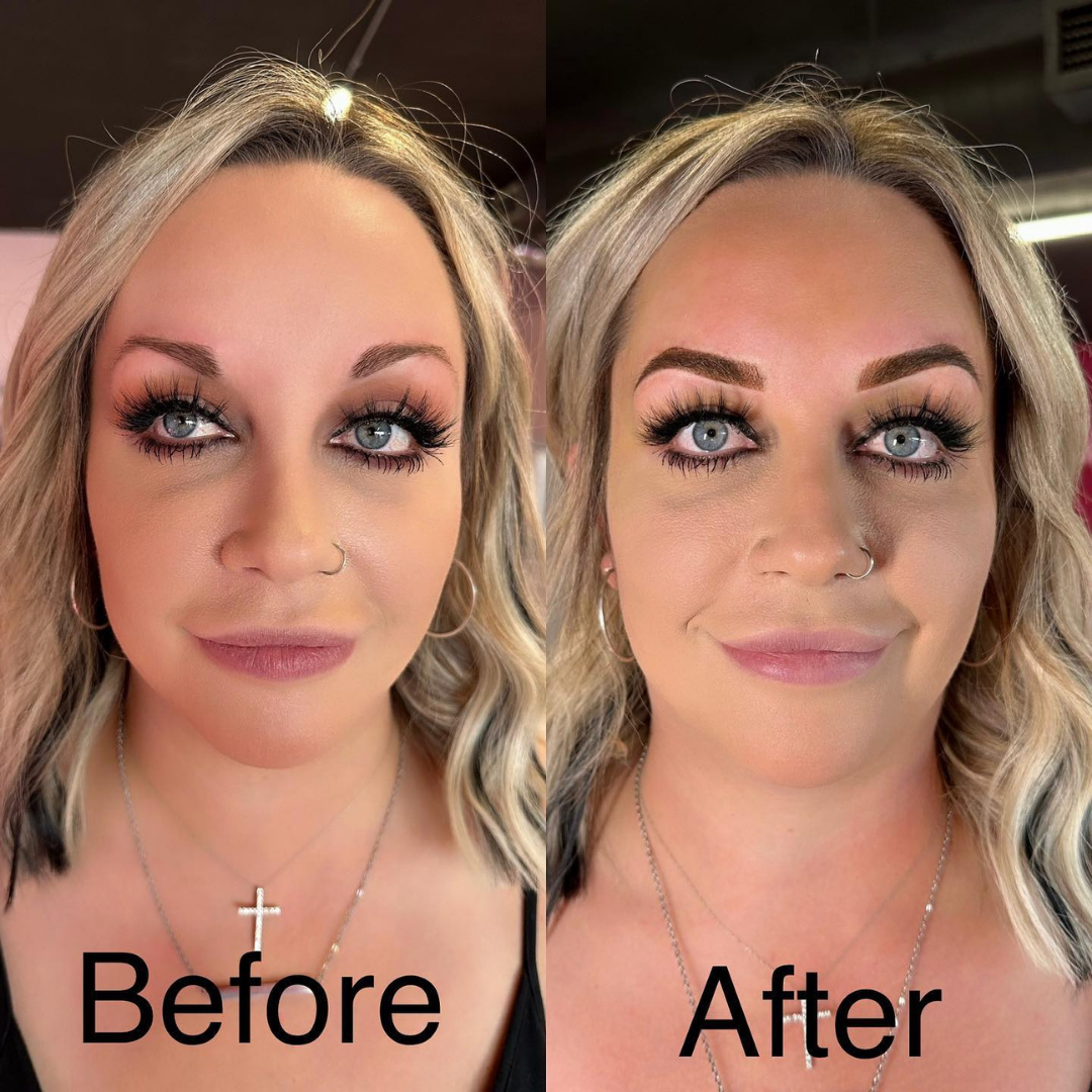 Before and after permanent makeup brows at Kelly’s Dream Brows in Yuma, AZ for fuller natural-looking brows.