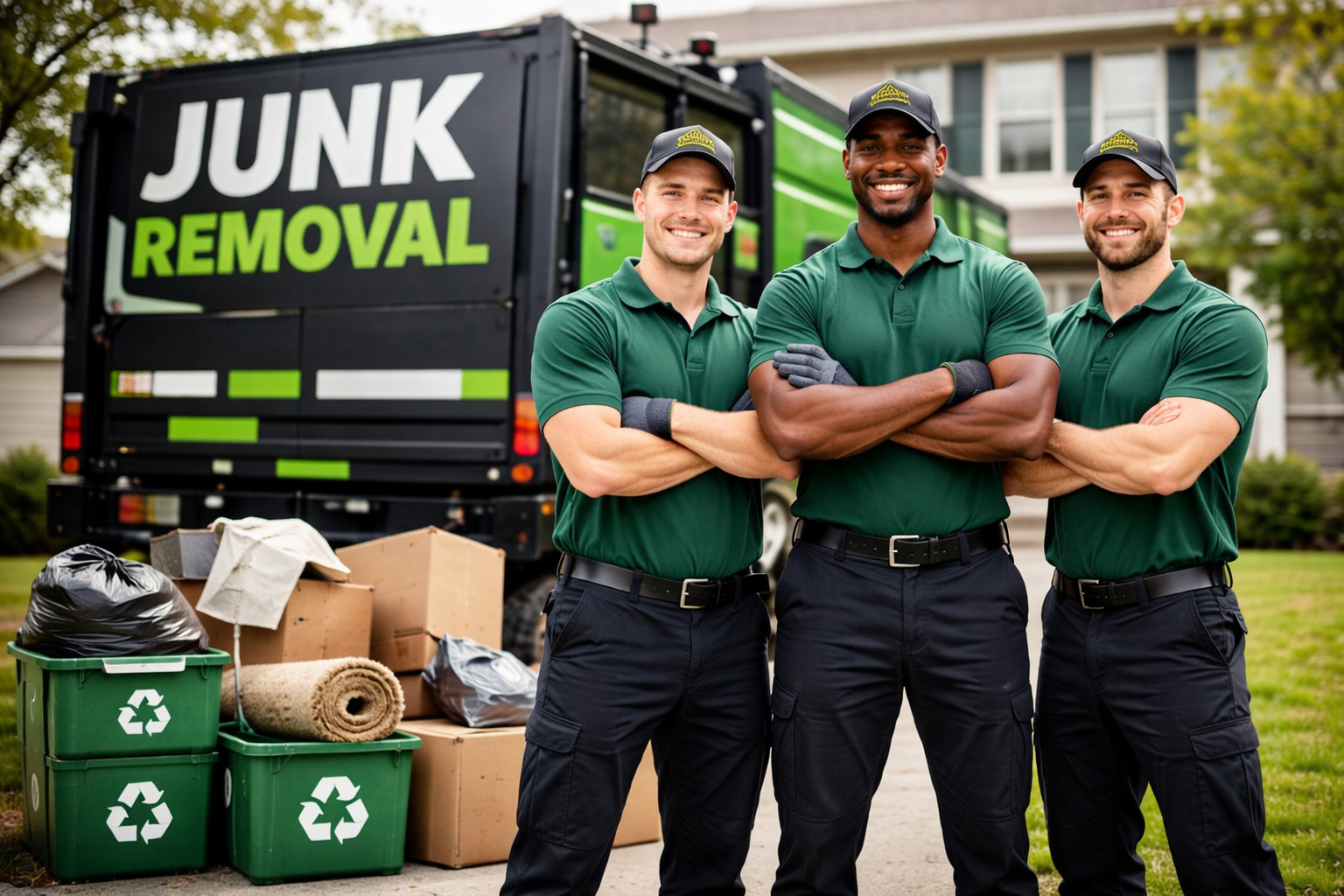 Three junk removal workers in green uniforms standing in front of a junk removal truck with cardboard boxes and recycling bins around them.