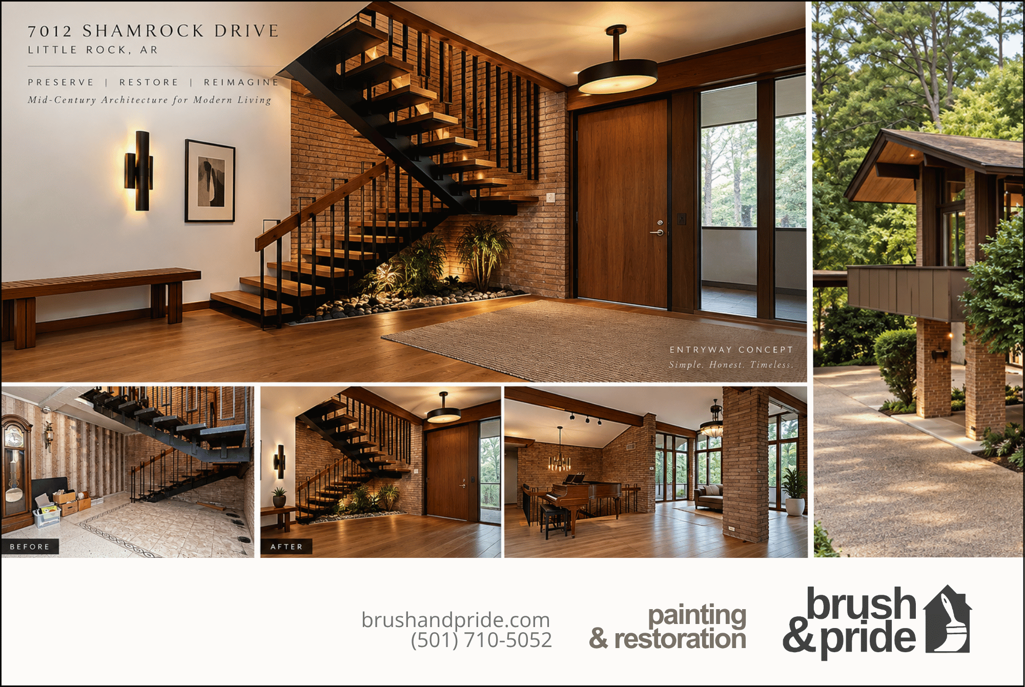 Before and after images of a living room renovation showing a transition from an outdated, cluttered space with a patterned carpet, to a modern, open-concept living room with wooden floors, brick walls, and a staircase leading to an upper level.