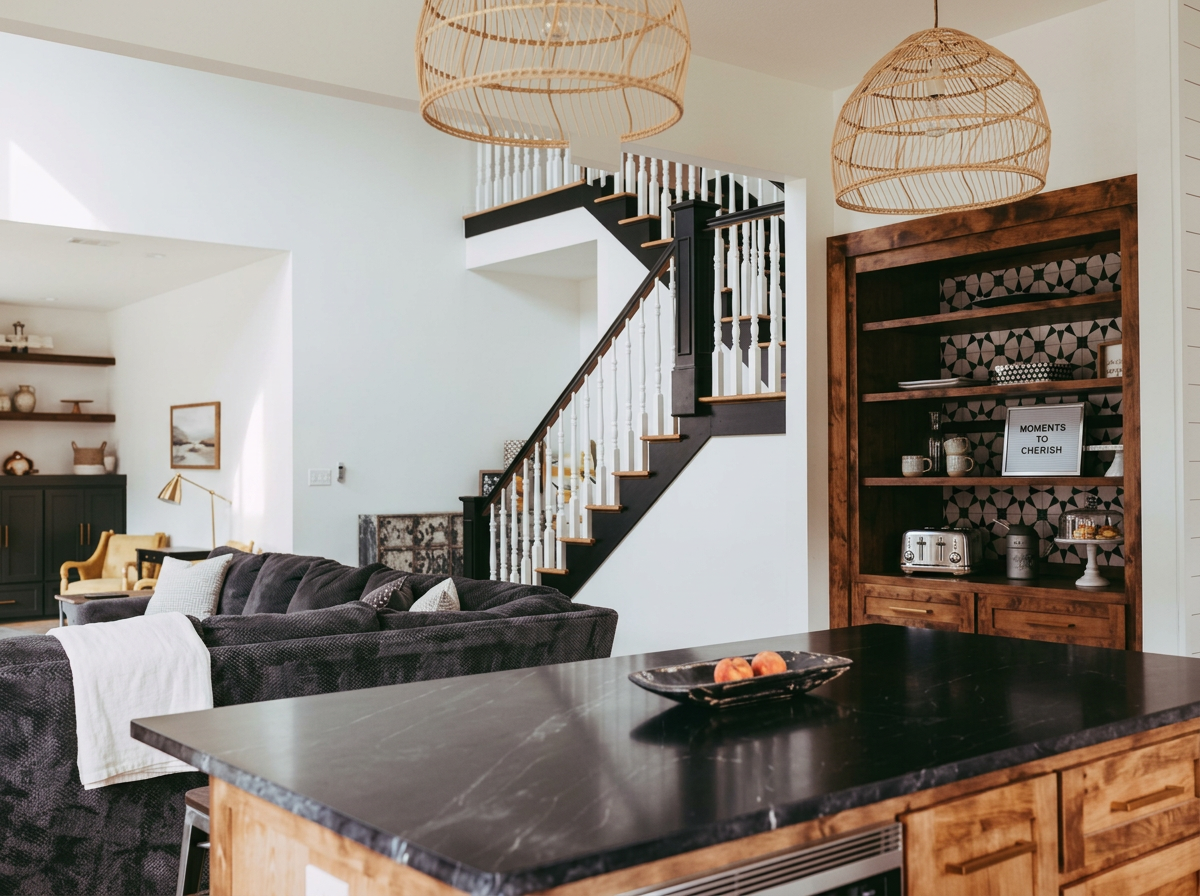 Open-concept living room and kitchen area with a staircase, dark couch, and wooden shelving, featuring modern decor and lighting fixtures.