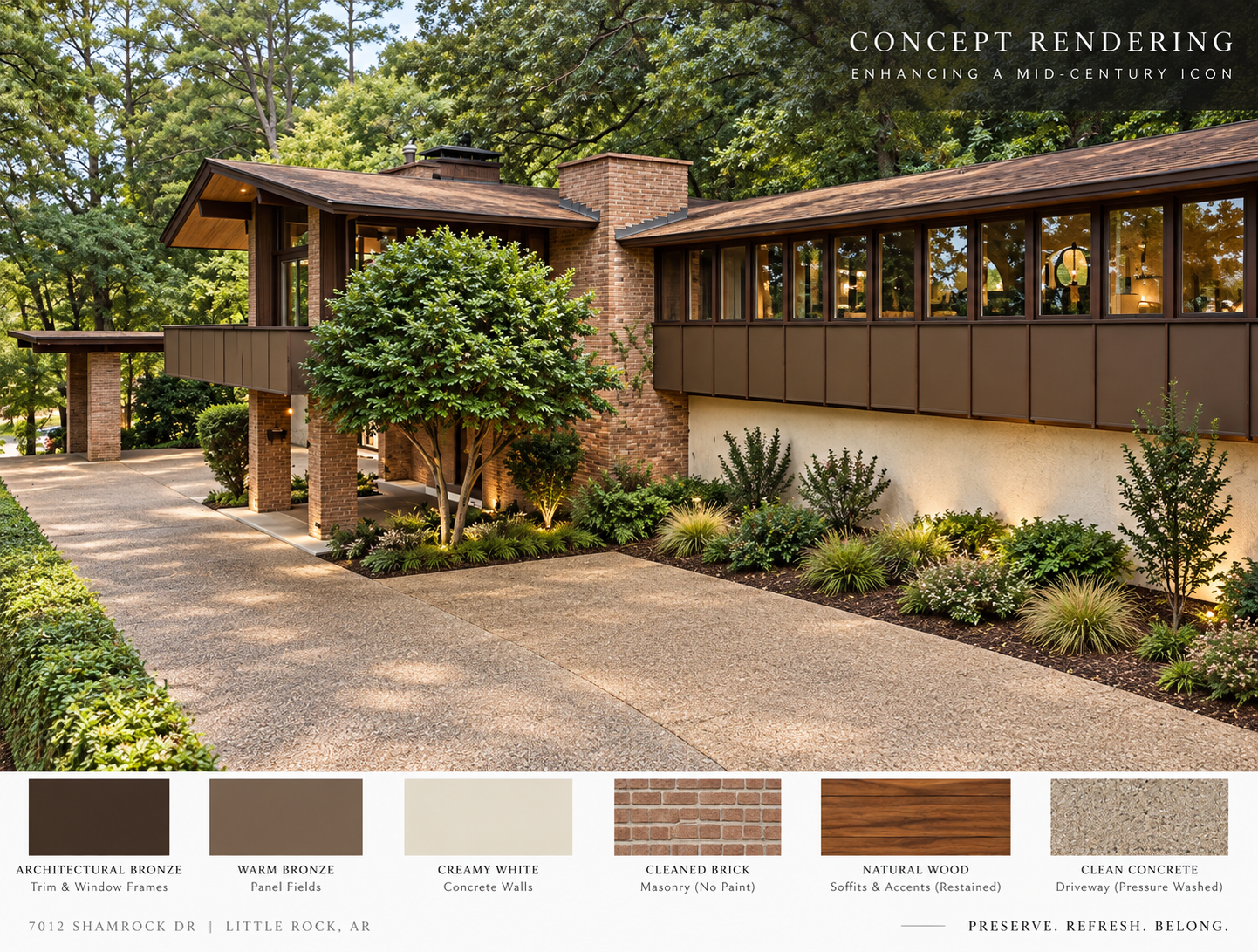 Concept rendering of a mid-century modern house with brick, wood, and concrete exterior, surrounded by greenery, with a driveway and landscaped garden.