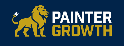 Logo with a gold lion and the words 'Painter Growth' on a dark blue background.