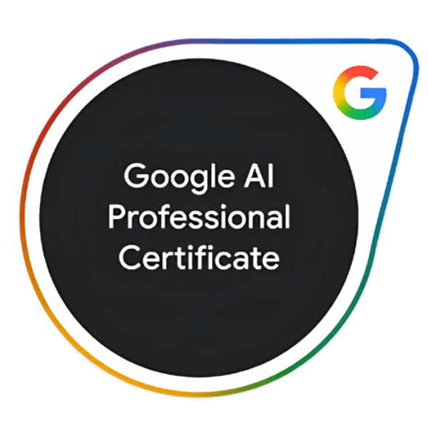 Google AI Professional Certificate badge with a round black center and a multicolor border, featuring the Google logo in the top right corner.