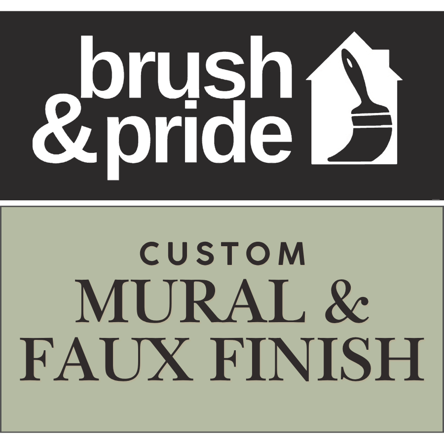 Logo for 'brush & pride' featuring a paintbrush and house icon, with text below advertising custom mural and faux finish services.
