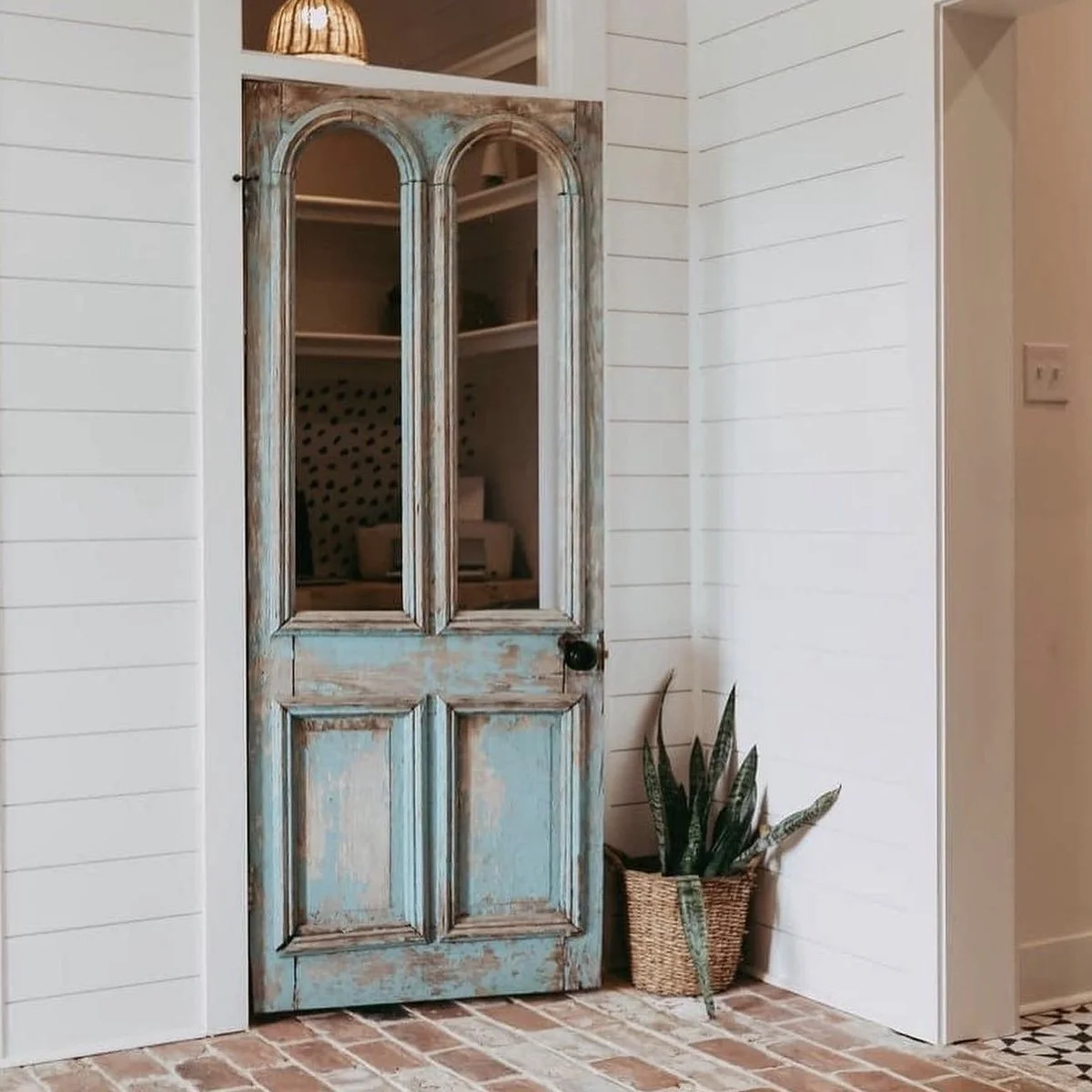 Vintage distressed wooden door with glass panels leaning against a white wooden wall, next to a potted snake plant in a woven basket on a brick floor.