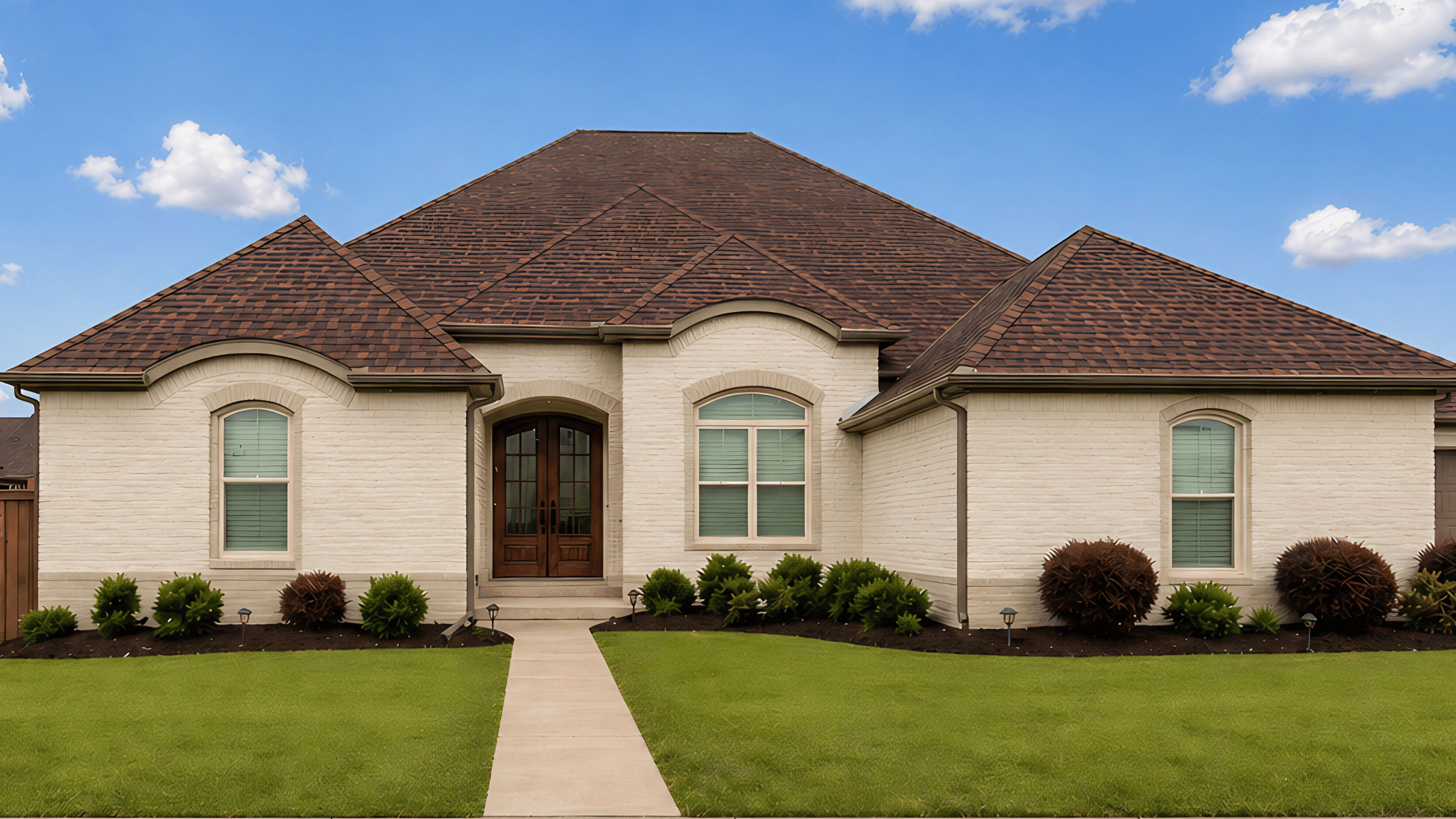 Front view of a house with a brick exterior, gabled roof, and landscaped front yard with green grass, shrubs, and small trees.