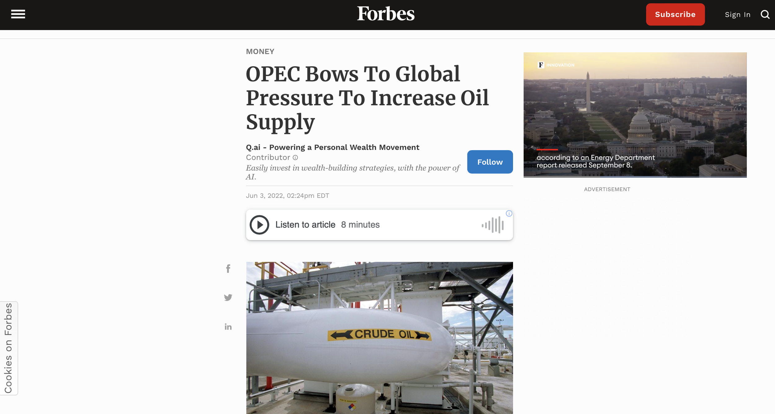 Forbes - OPEC Bows To Global Pressure to Increase Oil Supply