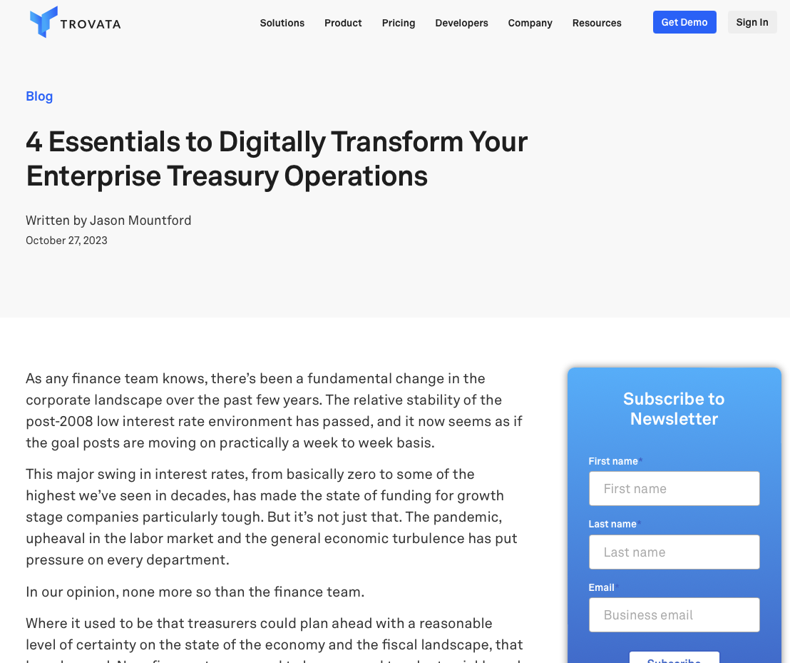 Trovata - 4 Essentials to Digitally Transform Your Enterprise Treasury Operations