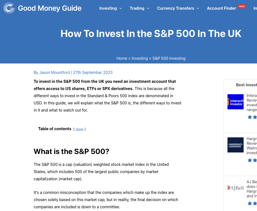 Good Money Guide - How To Invest In the S&P 500 In The UK
