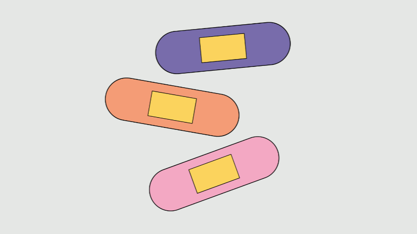 Illustration von einem violetten, einem orangenen und einem rosanen Pflaster
