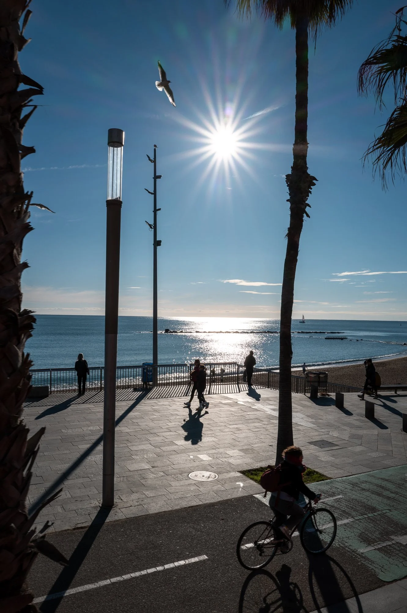 Une promenade en bord de mer avec quelques personnes, insulaire, un arbre, un lampadaire, la mer scintillante sous le soleil, un voilier en arrière-plan, et une personne à vélo en premier plan.