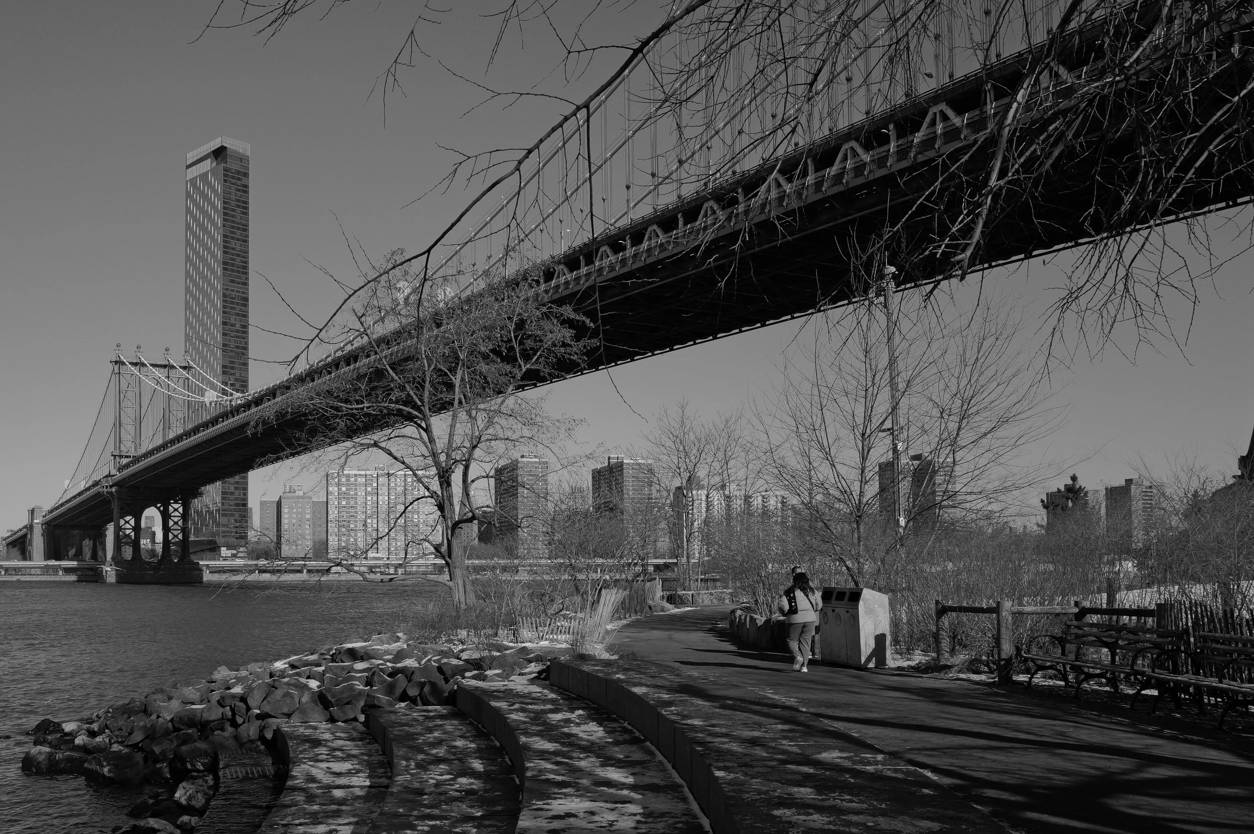 Vue en noir et blanc d'un pont suspendu au-dessus d'une rivière, avec un sentier pavé en dessous, des bâtiments de la ville en arrière-plan et un arbre sans feuilles au premier plan.