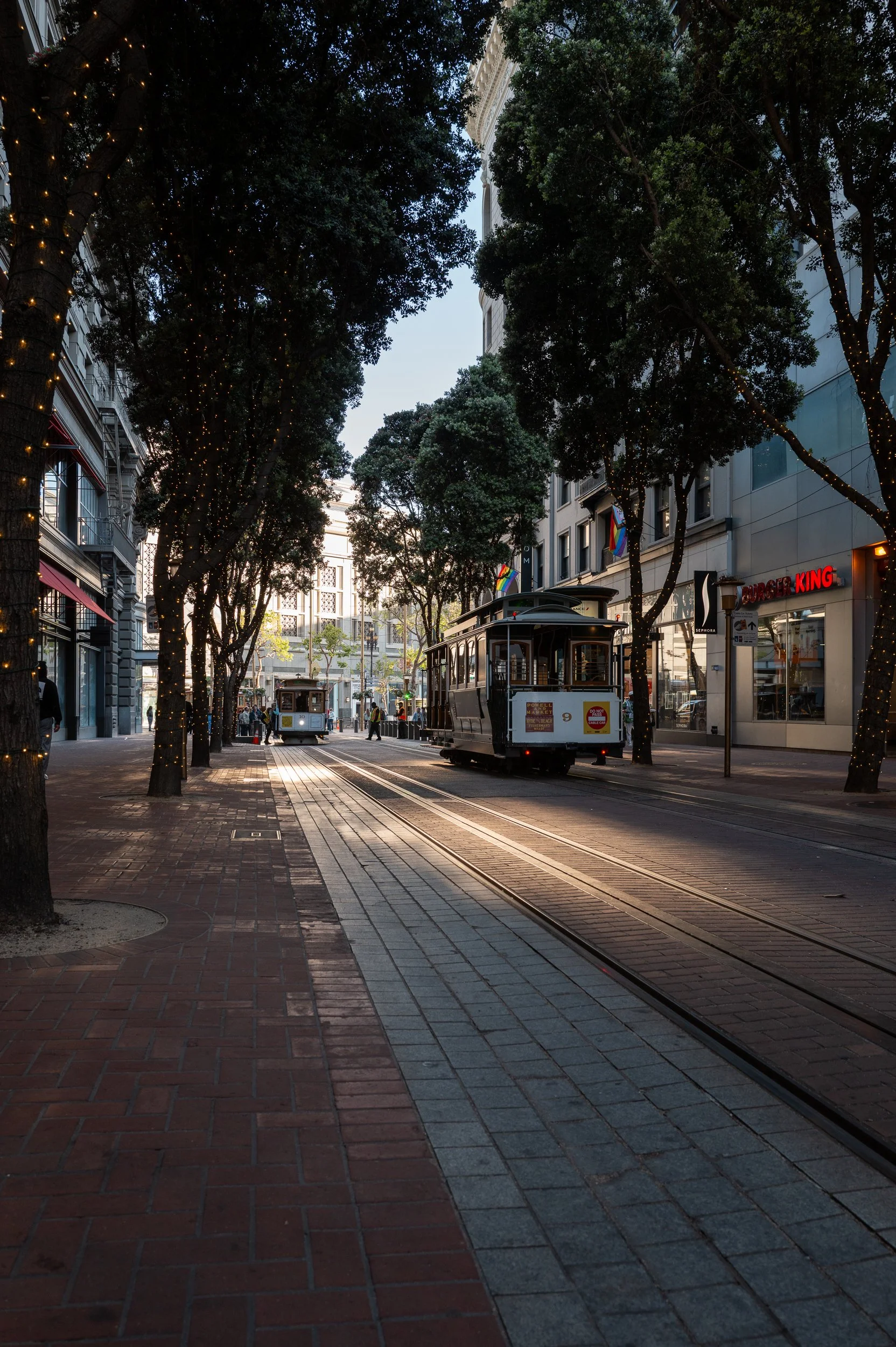 Une rue urbaine avec deux tramways en mouvement, entourée d'arbres avec des lumières décoratives, des bâtiments modernes, et des passants.