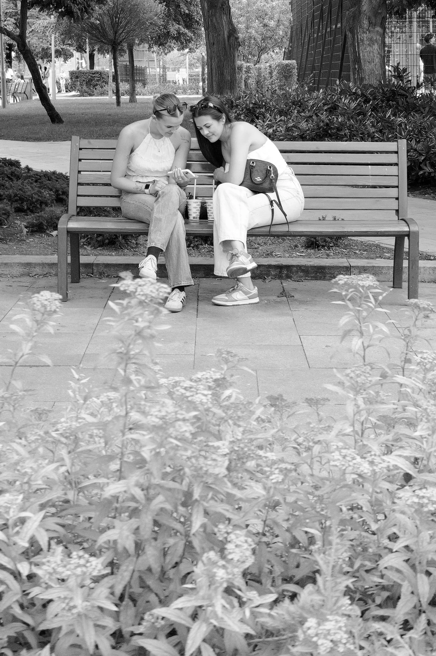 Deux jeunes femmes assises sur un banc dans un parc, regardant quelque chose ensemble, en noir et blanc.